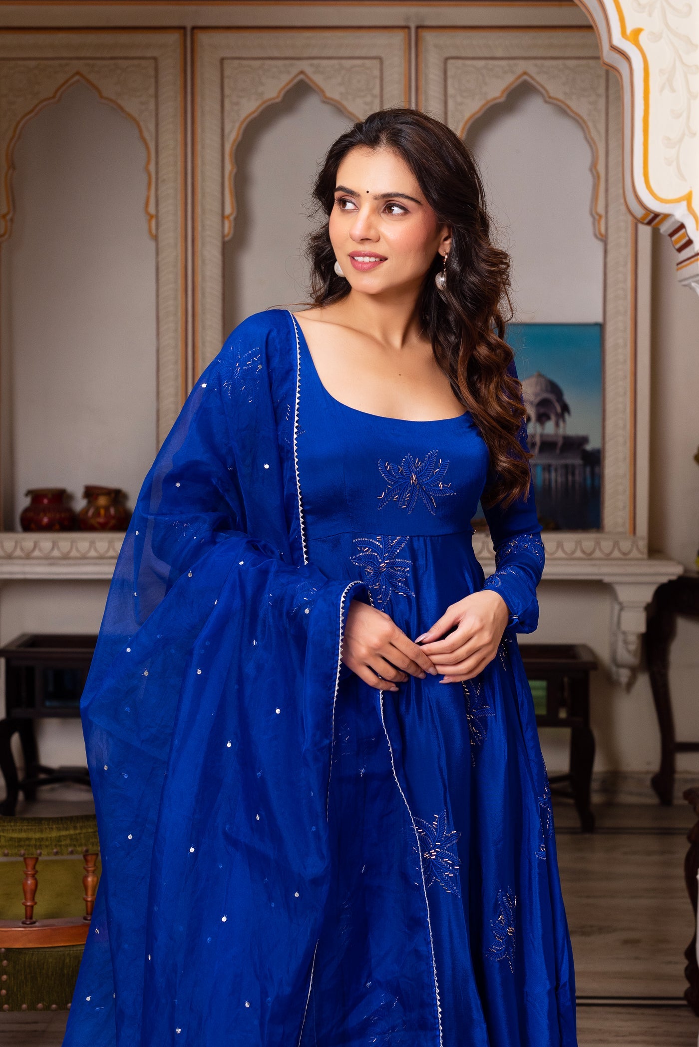 Blue Color Faux Georgette Thred & Sequnce Embroidered Work Anarkali Suit Set