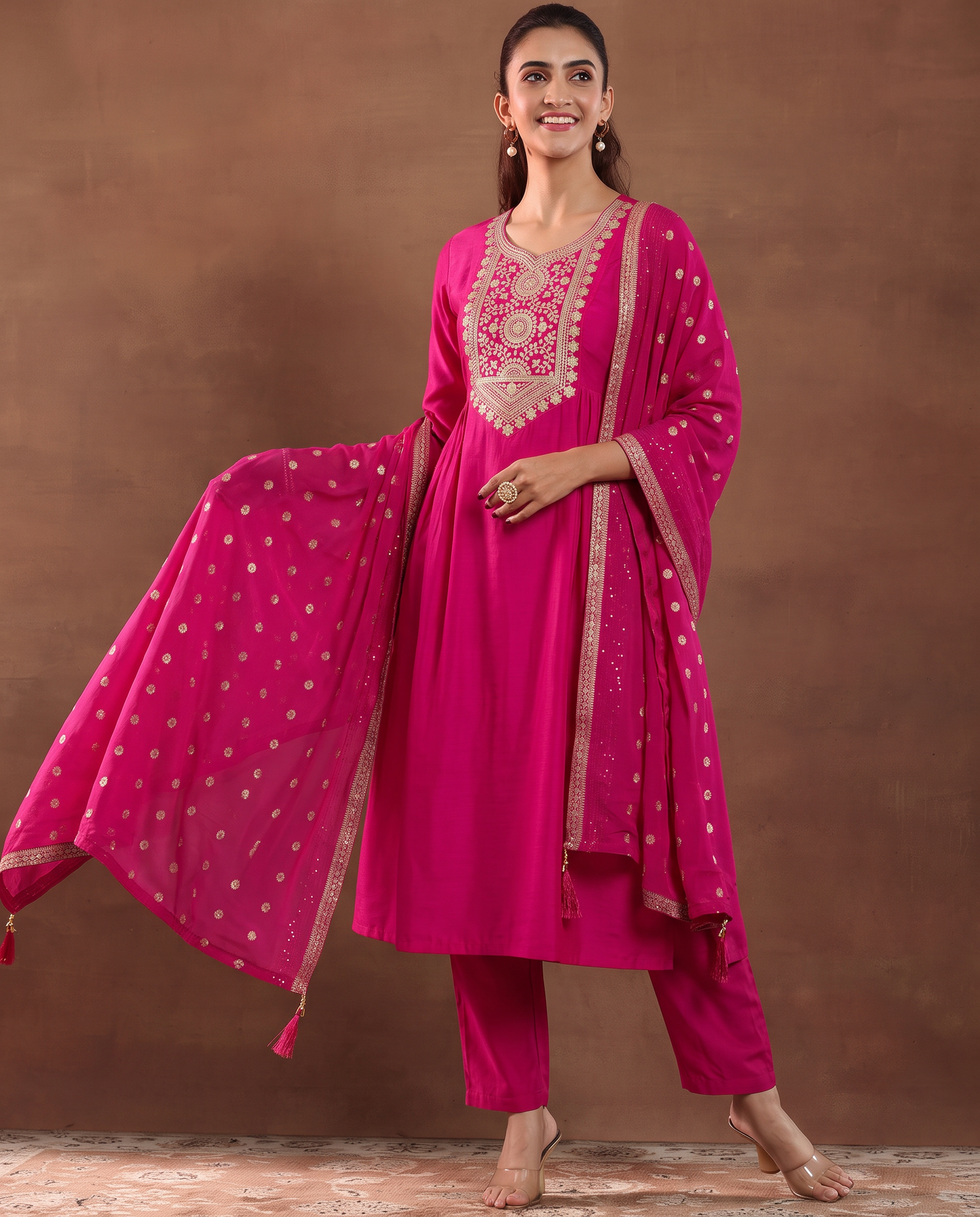 Rani Pink Embroidery Designer Kurta Set with Dupatta