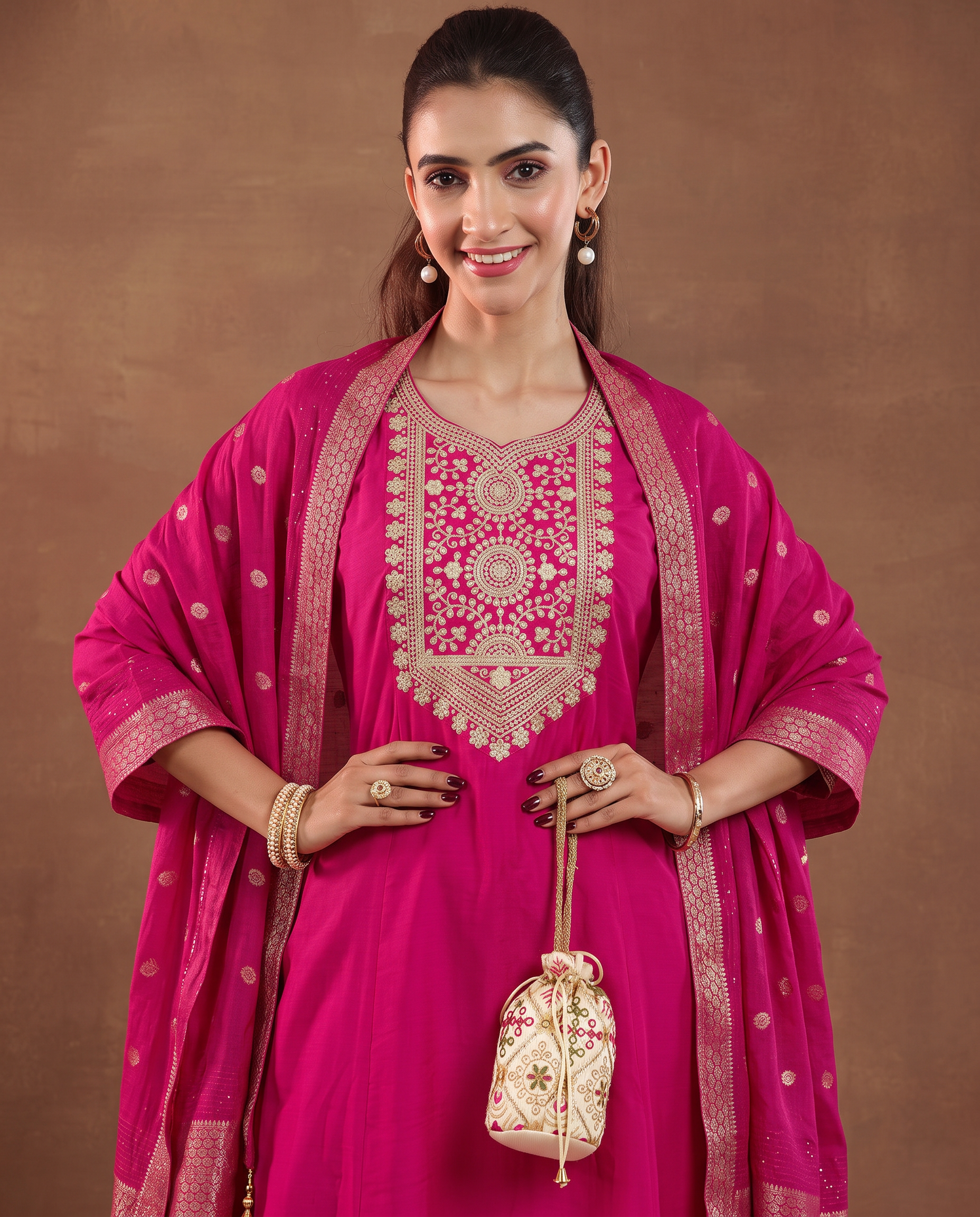 Rani Pink Embroidery Designer Kurta Set with Dupatta