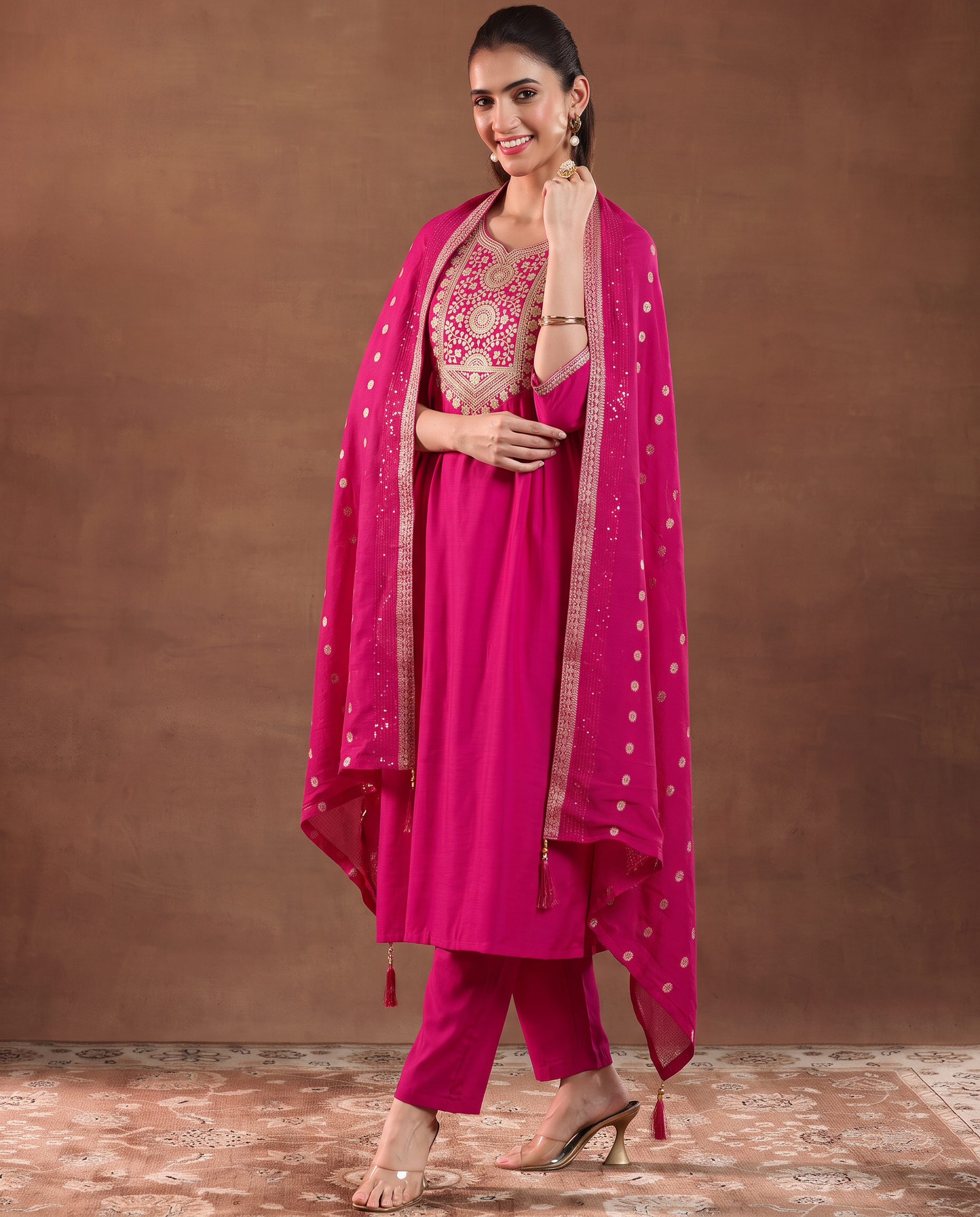 Rani Pink Embroidery Designer Kurta Set with Dupatta