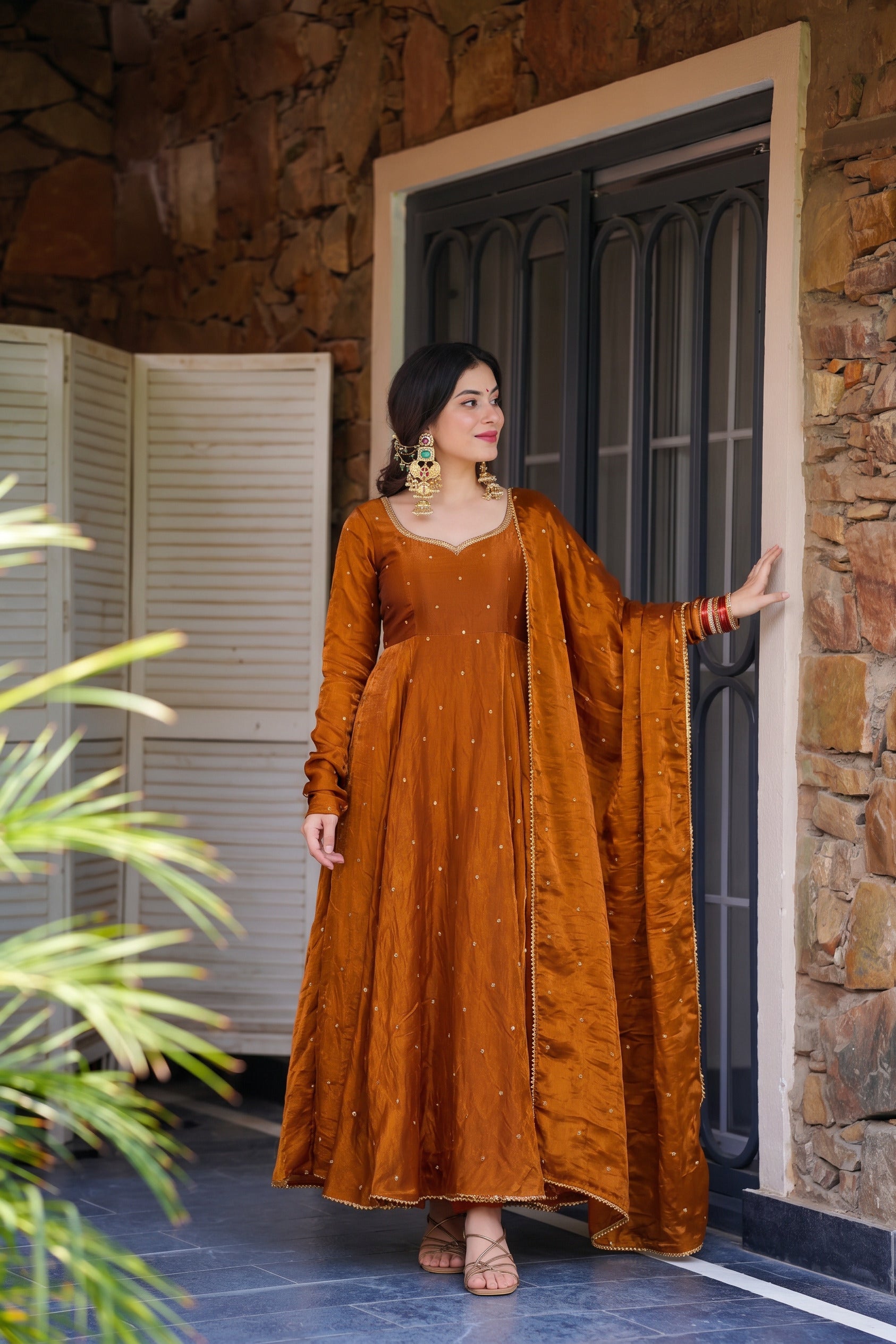 Rust Fendy Anarkali Suit Set with Embroidery Dupatta