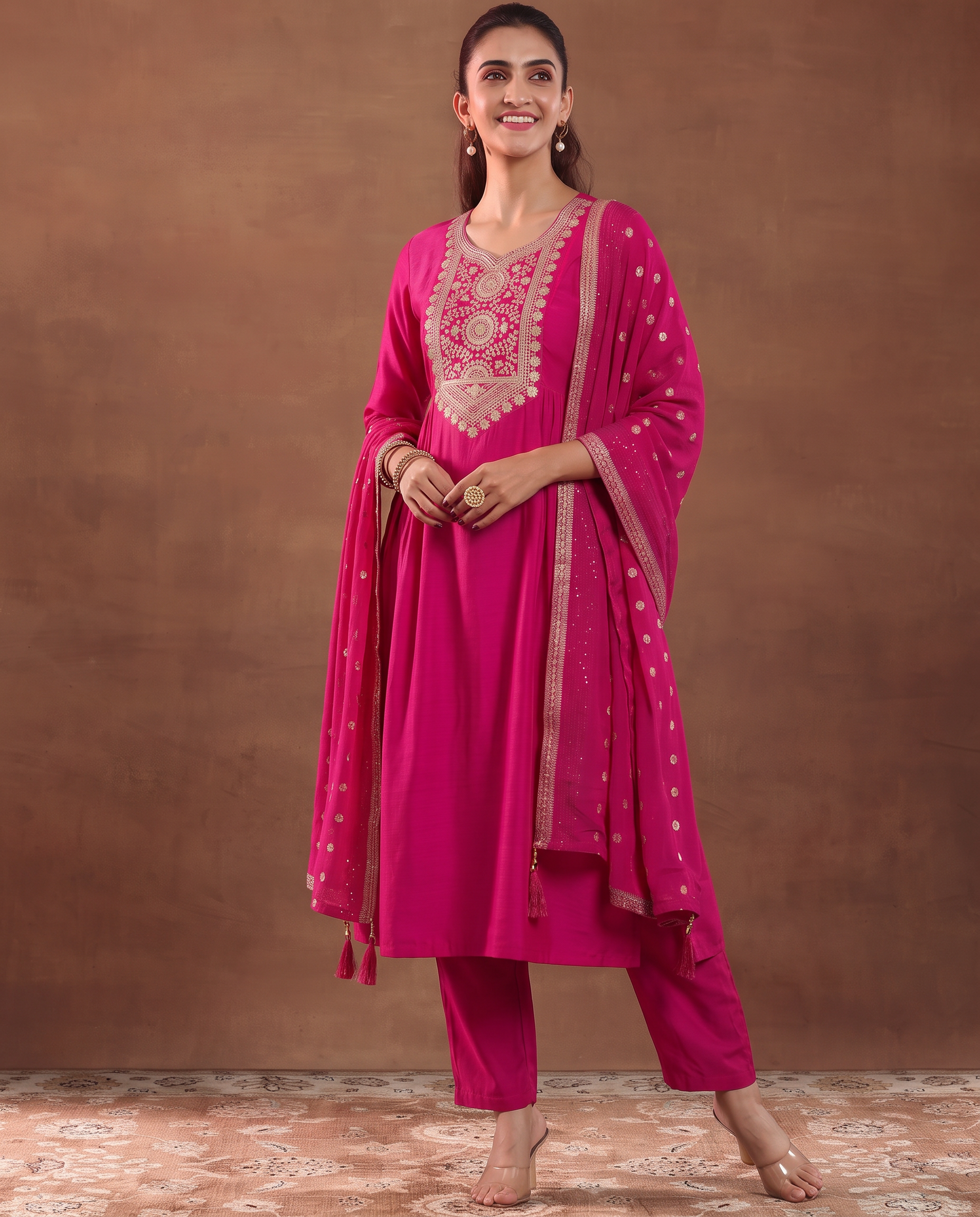 Rani Pink Embroidery Designer Kurta Set with Dupatta