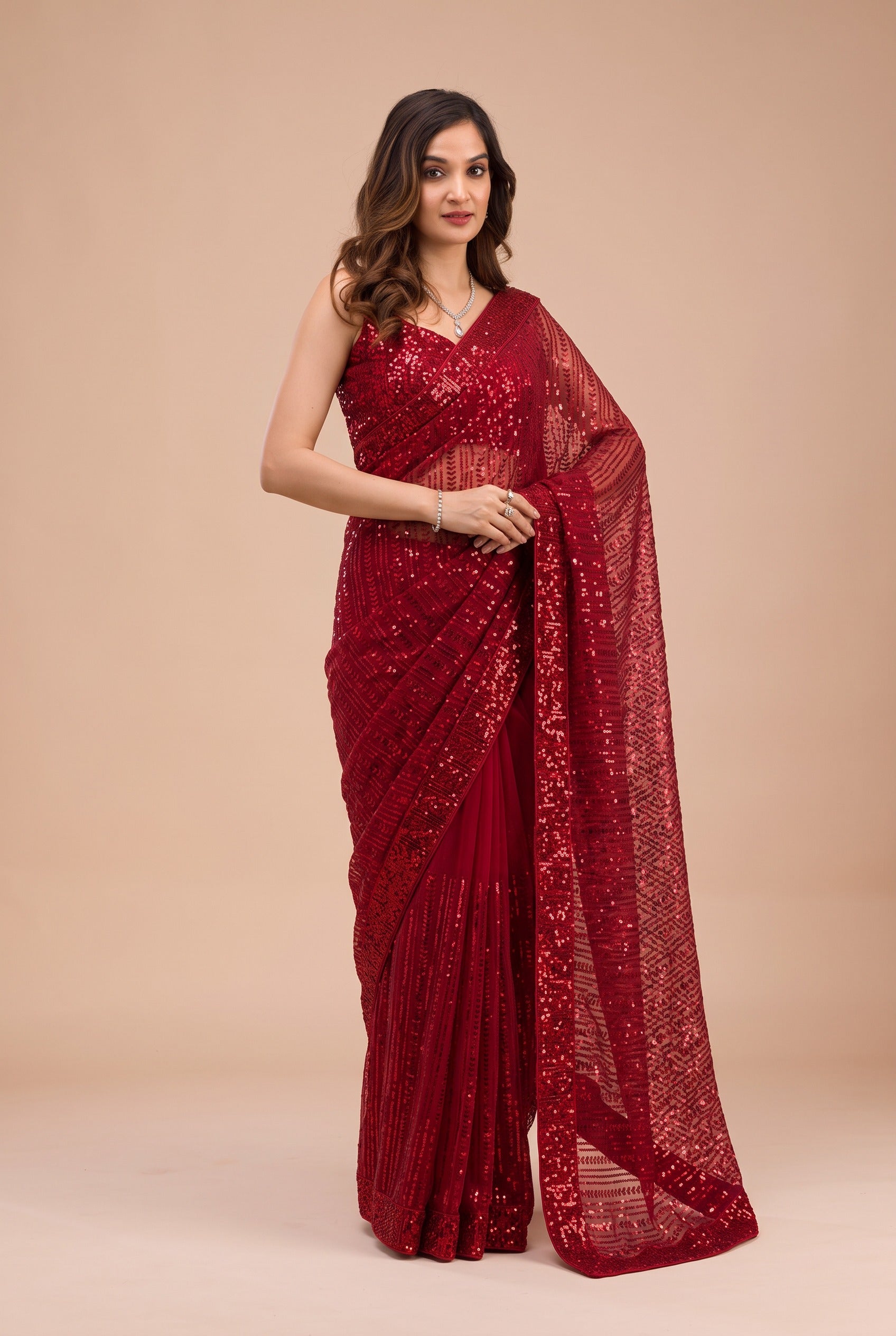 Red Linear Sequence Embroidered Party Wear Saree