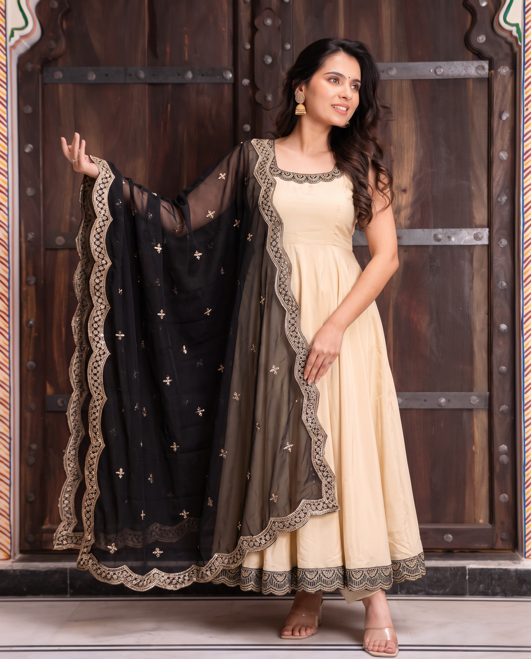 Elegant Cream Embroidered Anarkali Suit Set with Dupatta