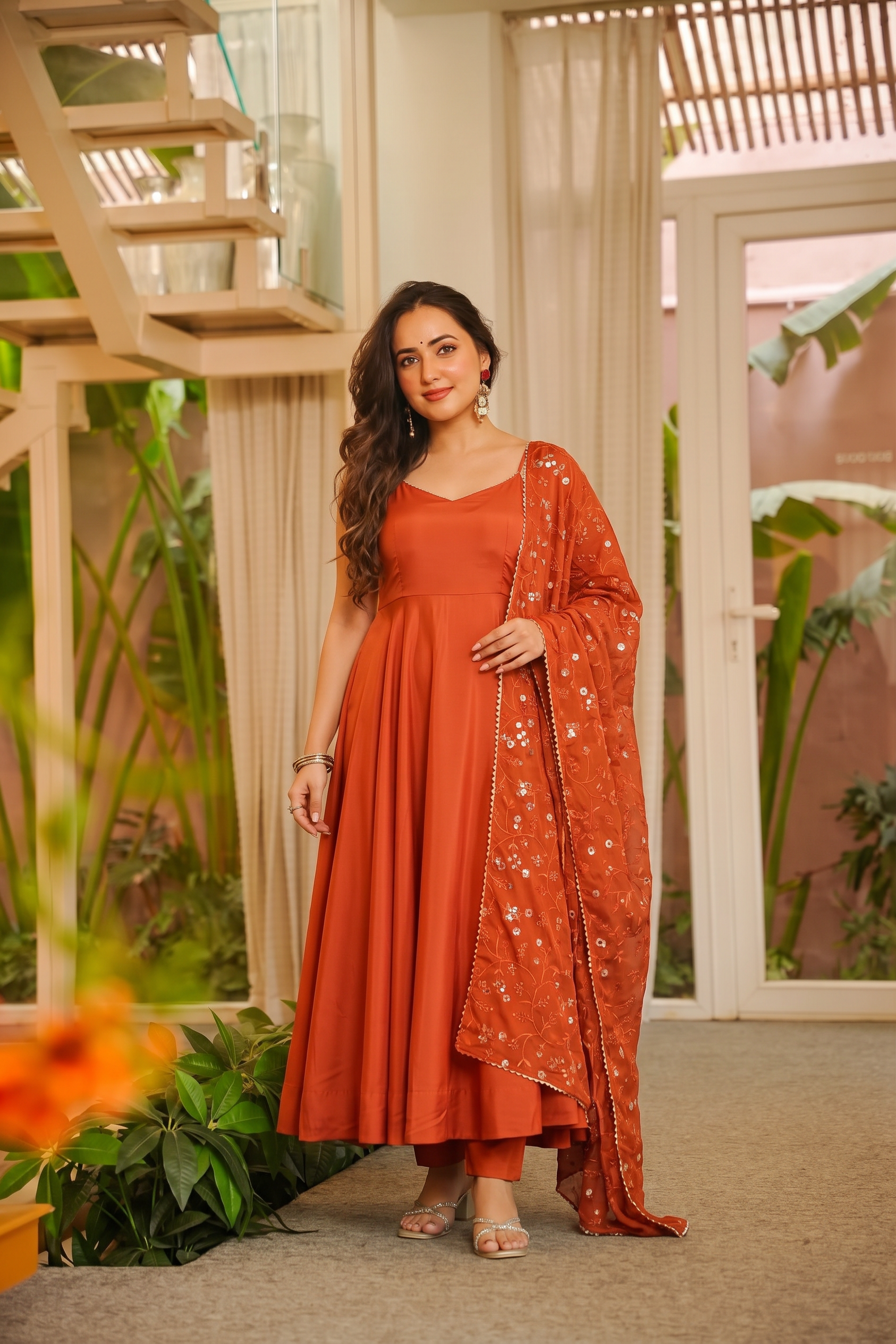 Rust Orange French Anarkali Suit Set with Sequin Embroidered Dupatta