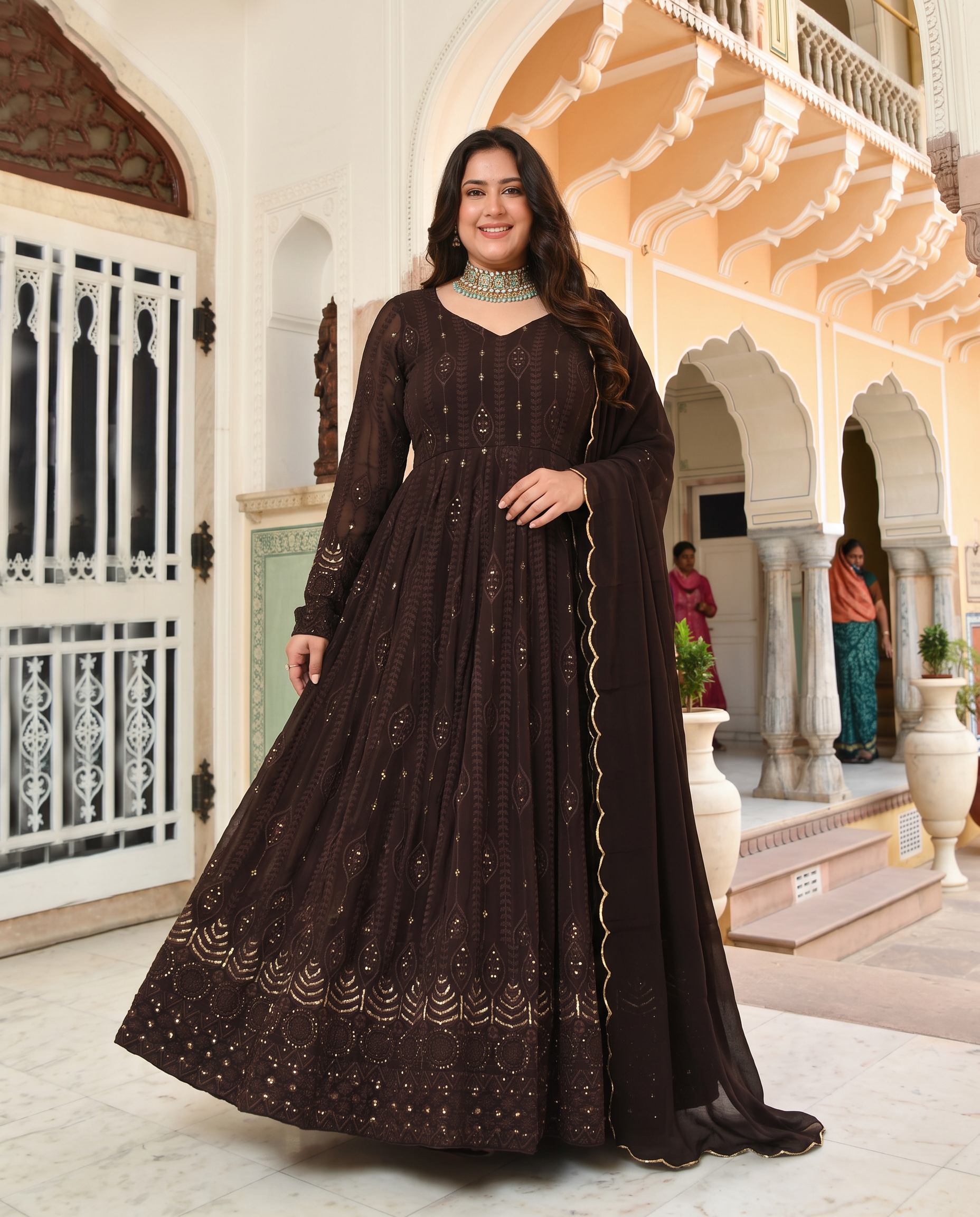 Plus Size Stylish Black Color Sequence Thread Work Anarkali Gown
