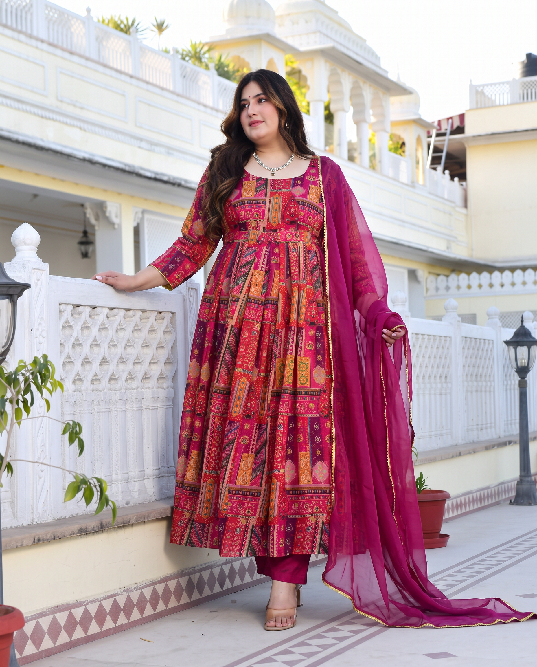 Plus Size Vanya Pink Multicolor Jimmy Organza Silk Gown Set