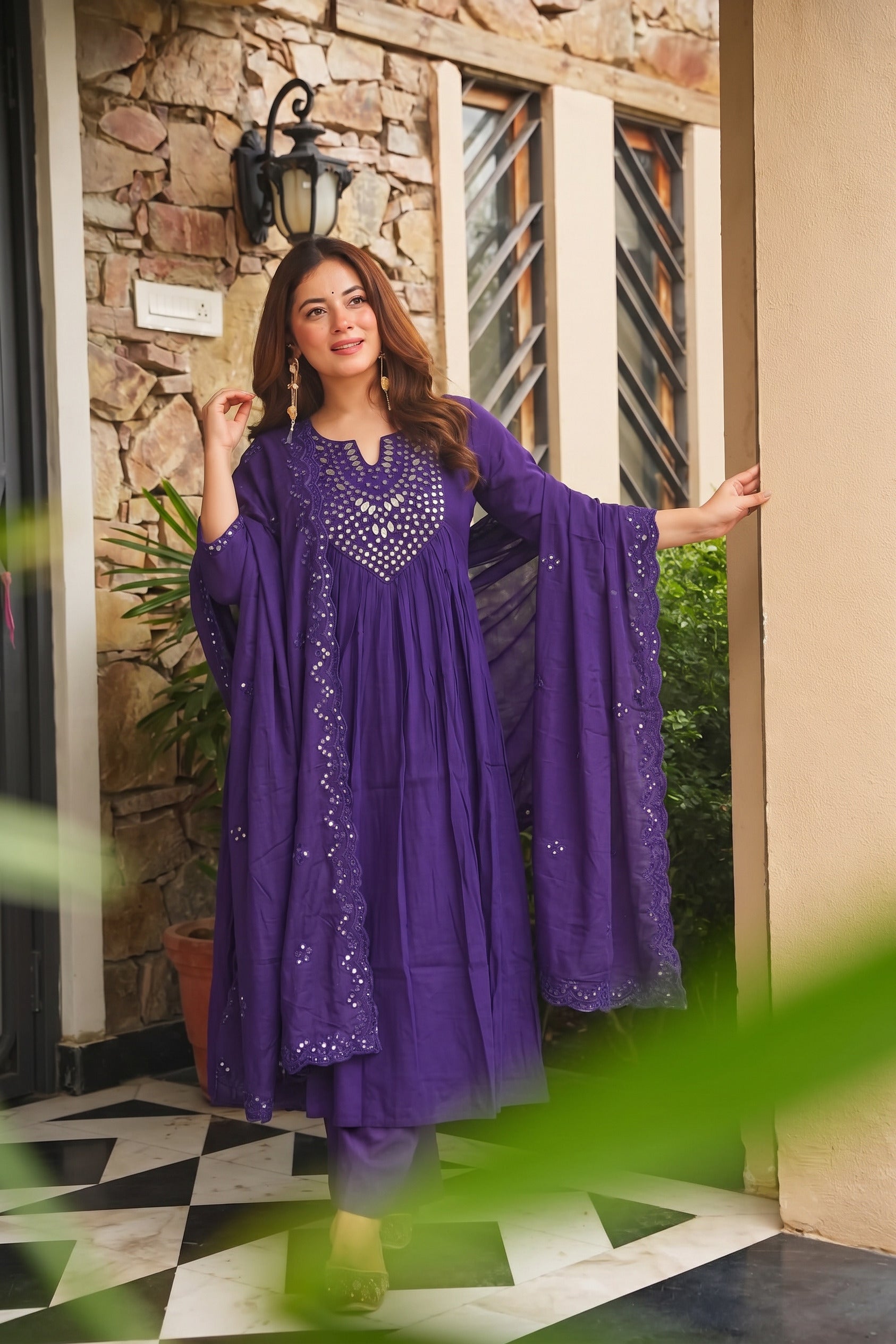 Purple Mirror Work Anarkali Kurta Set with Embroidered Dupatta