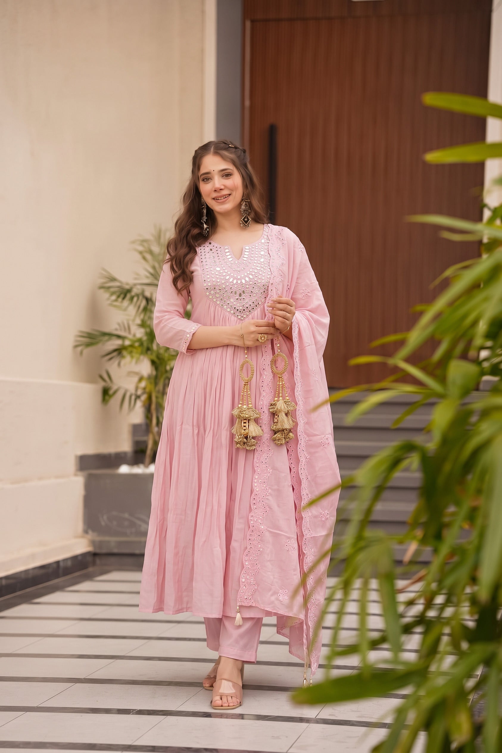 Baby Pink Mirror Work Anarkali Kurta Set with Embroidered Dupatta
