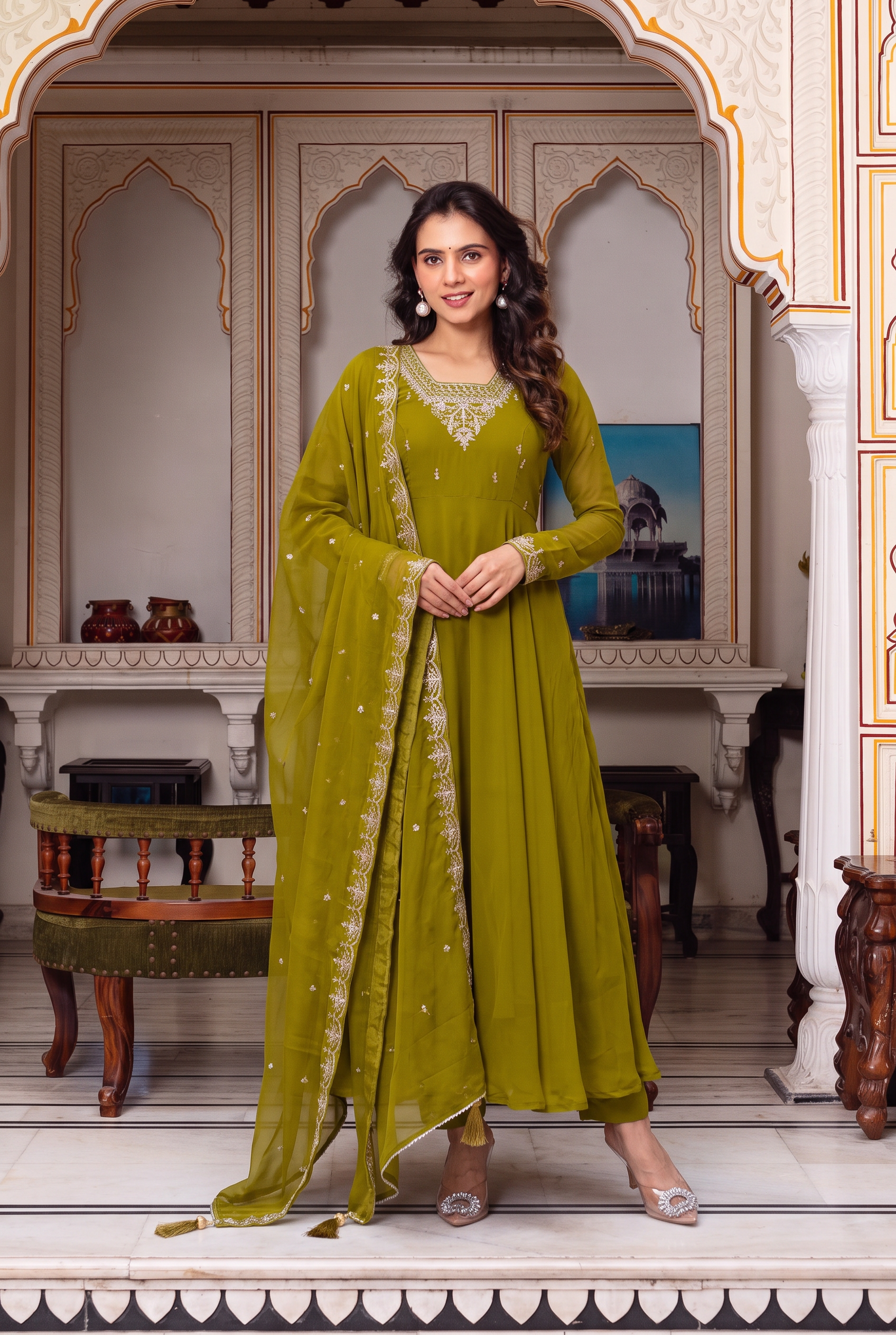 Mehndi Green Color Georgette Embroidered Three Piece Anarkali Suit