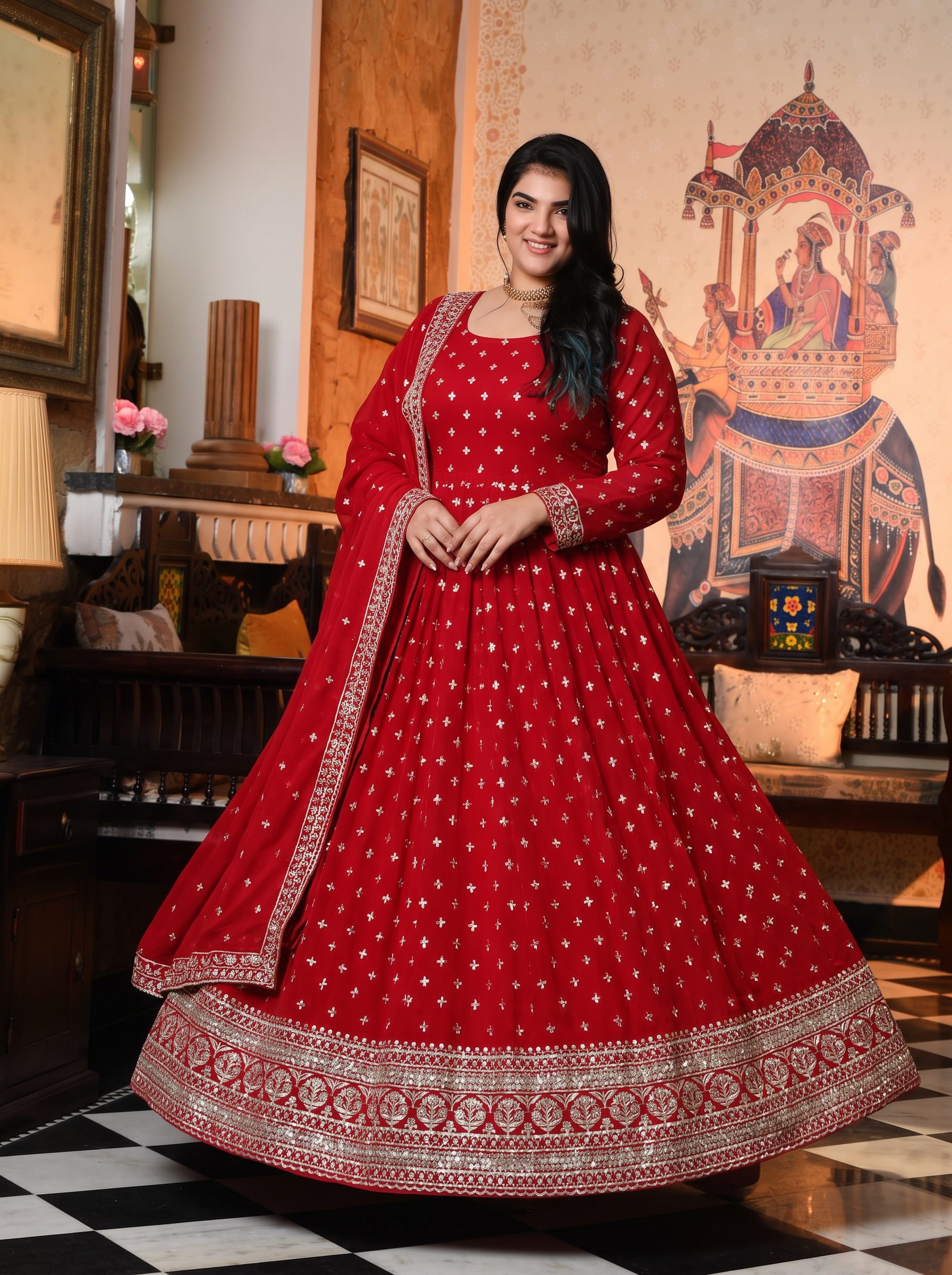 Plus Size Outstanding Red Color Sequence Work Anarkali Gown