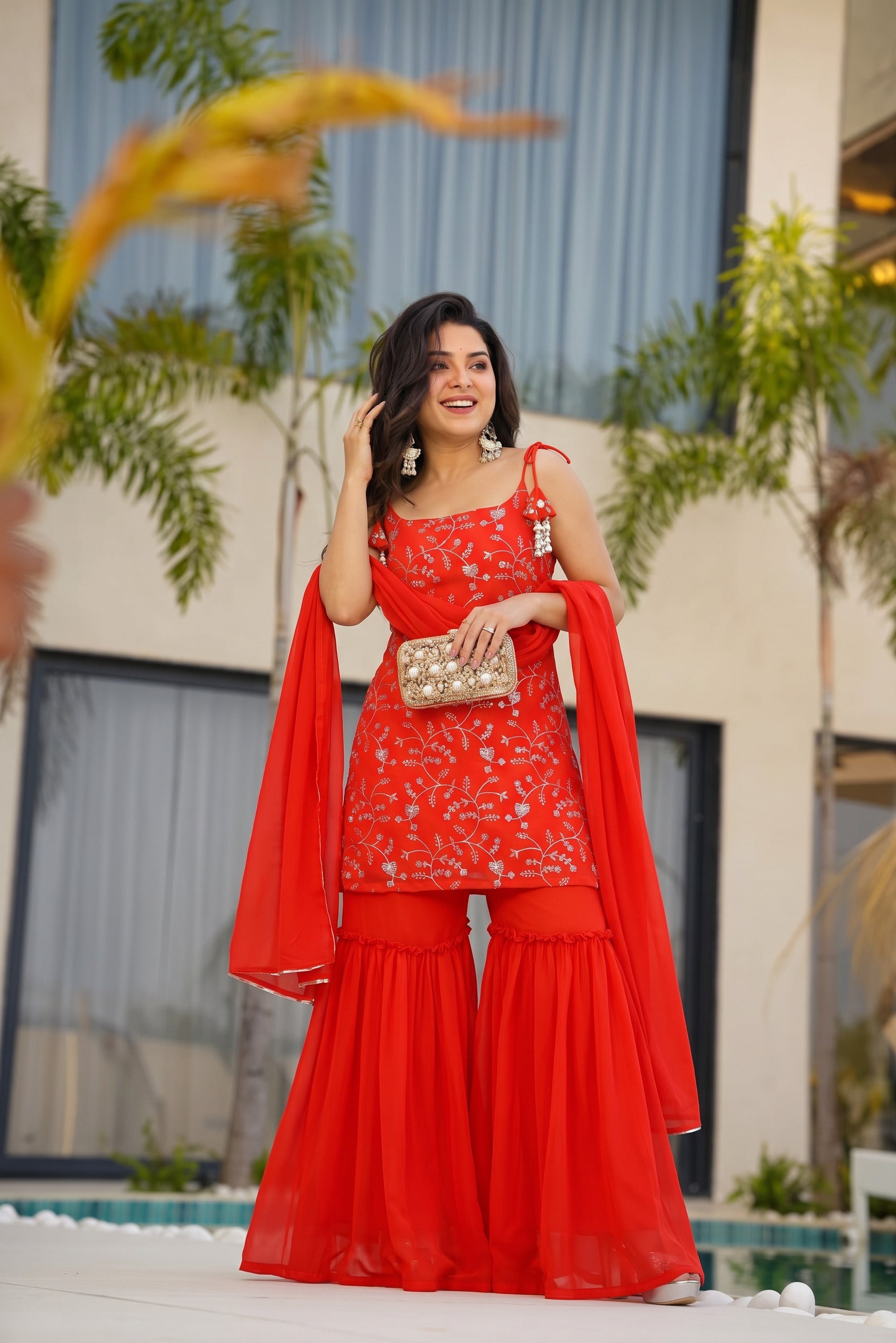 Designer Orange Embroidered Kurta Set And Sharara Suit Set