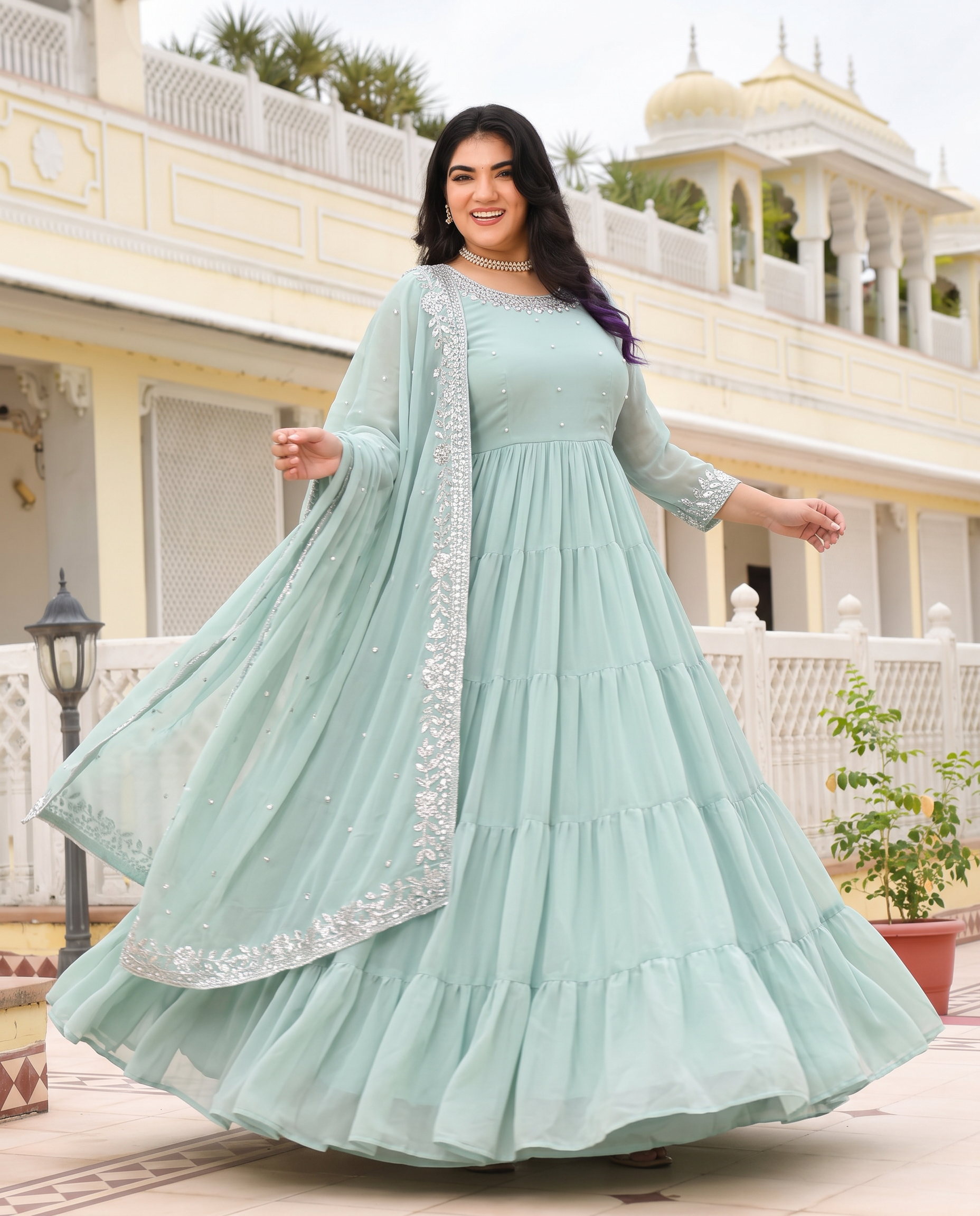 Plus Size Trendy Pista Green Color Ruffle Style Anarkali Gown