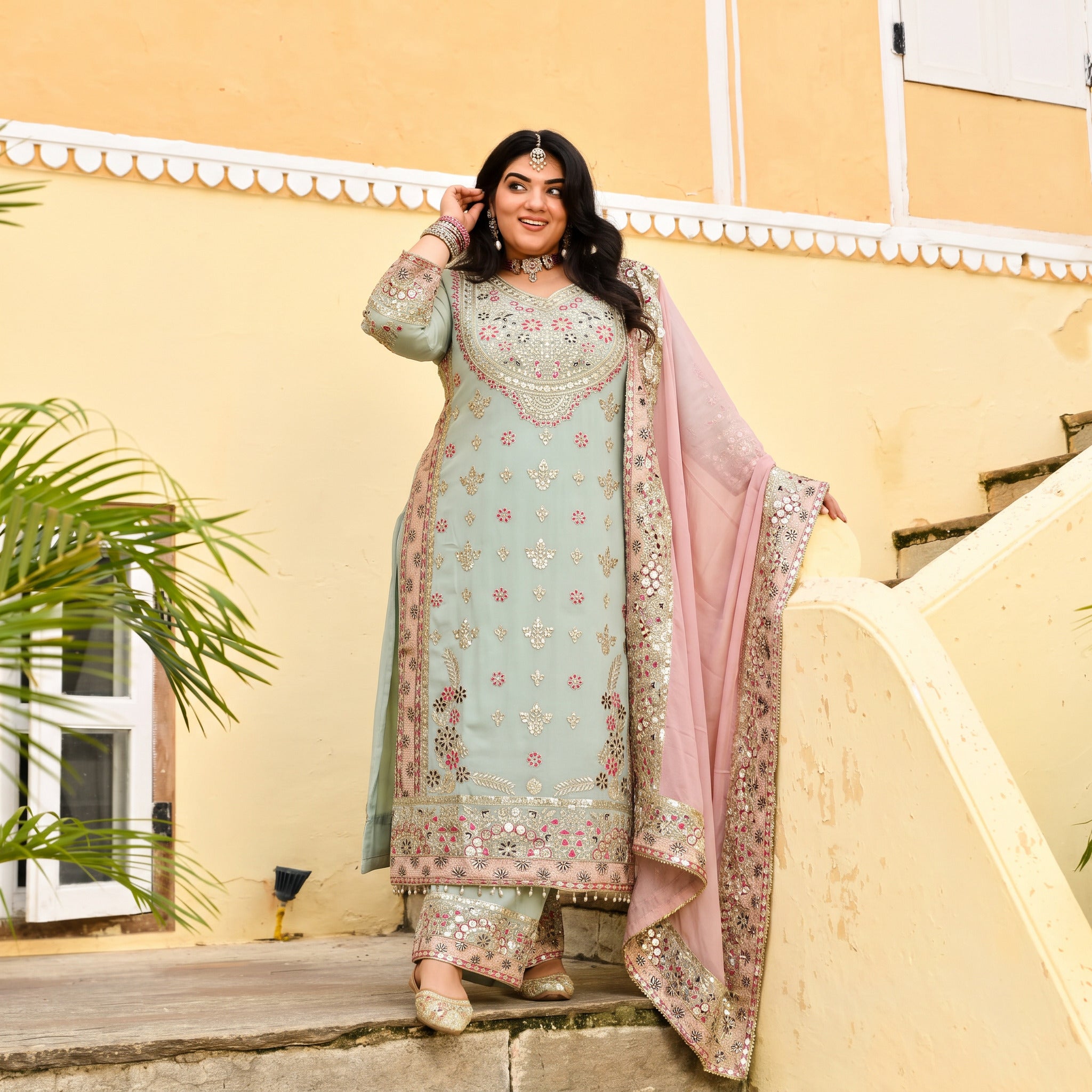 Plus Size Shriyanshi Sky Blue Embroidered Kurti Sharara Set