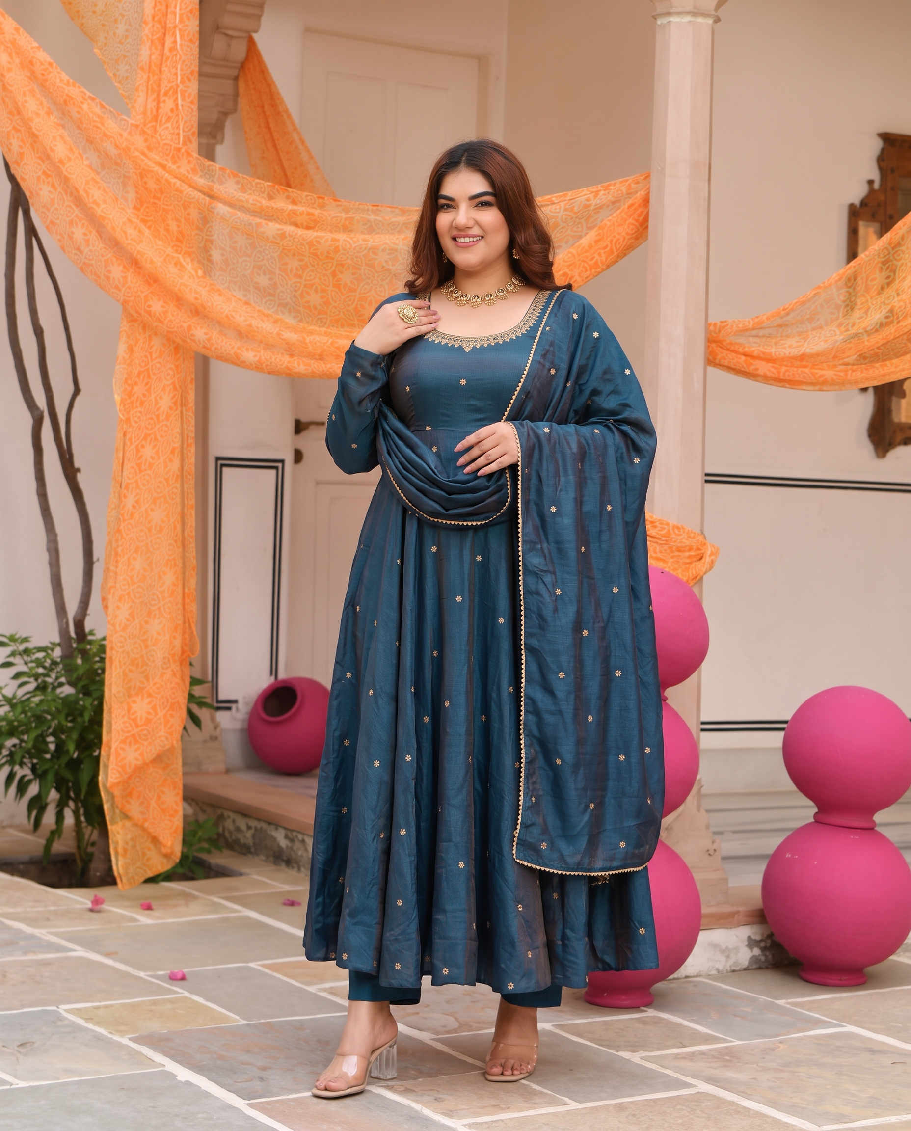 Plus Size Navy Blue Shimmer embroidered Work Anarkali Suit set With Pearl-Trim Work Dupatta