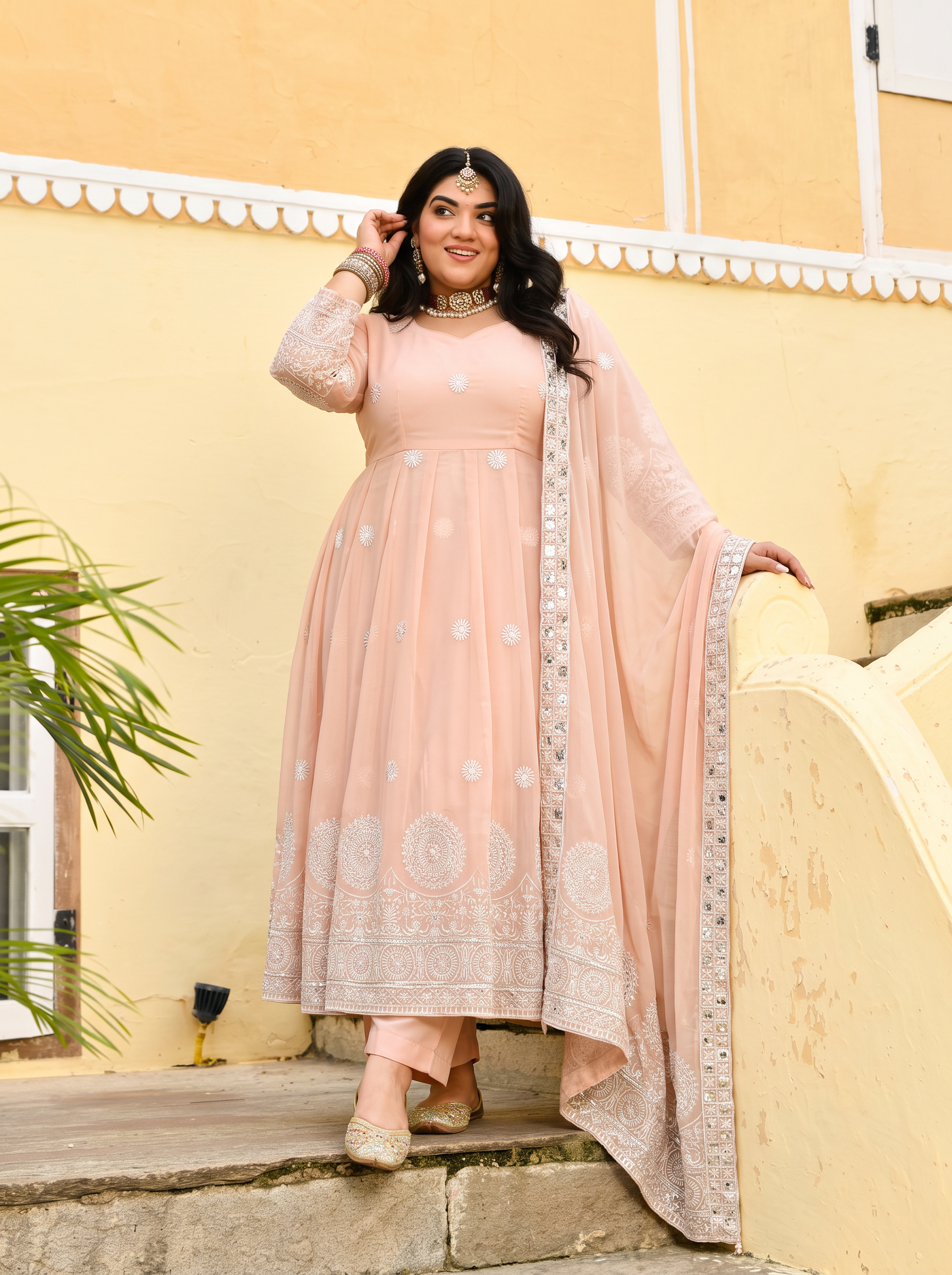 Plus Size Classic Peach Color Embroidery Work Anarkali Gown