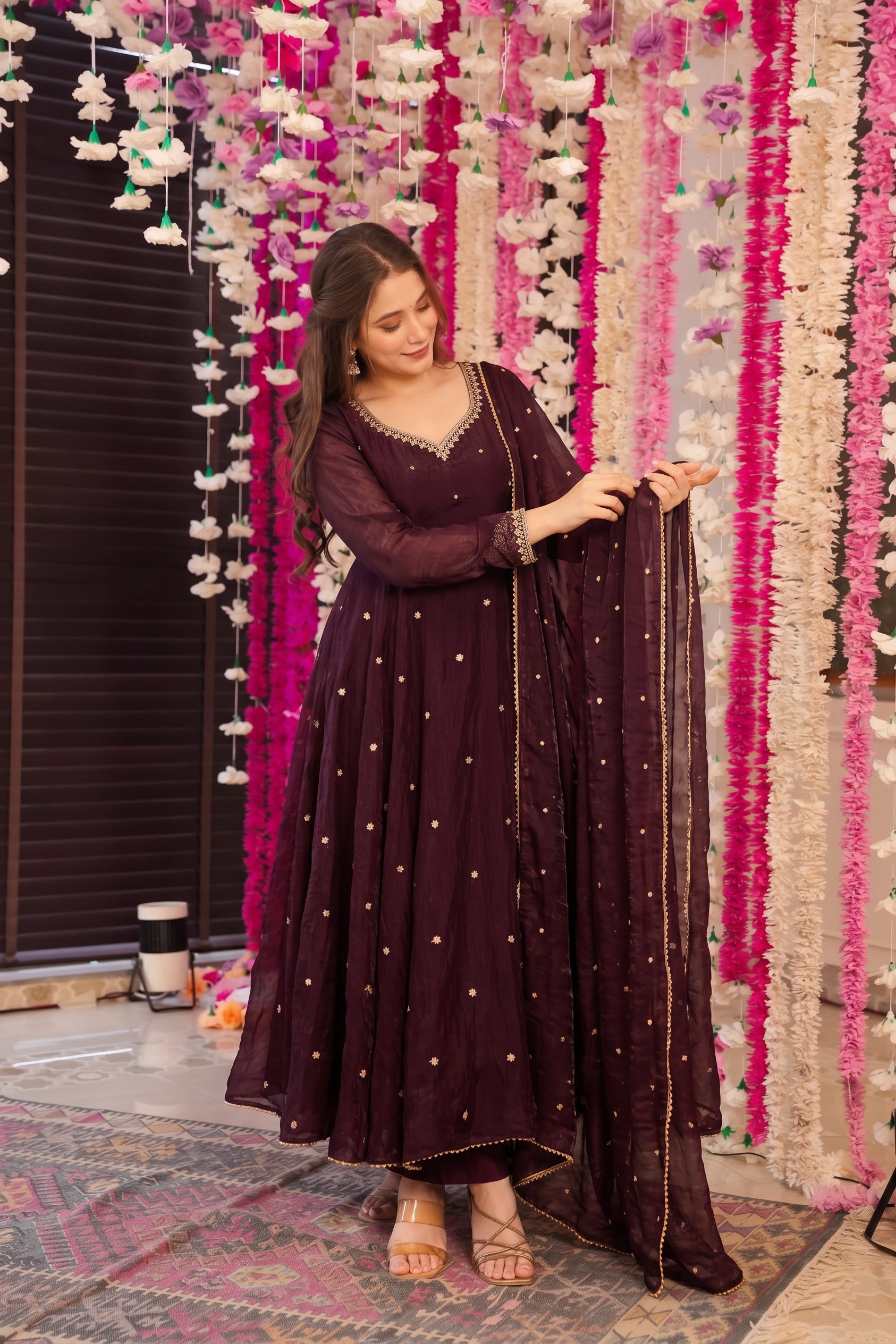 Wine Burgundy Anarkali Suit Set with Embroidery Dupatta
