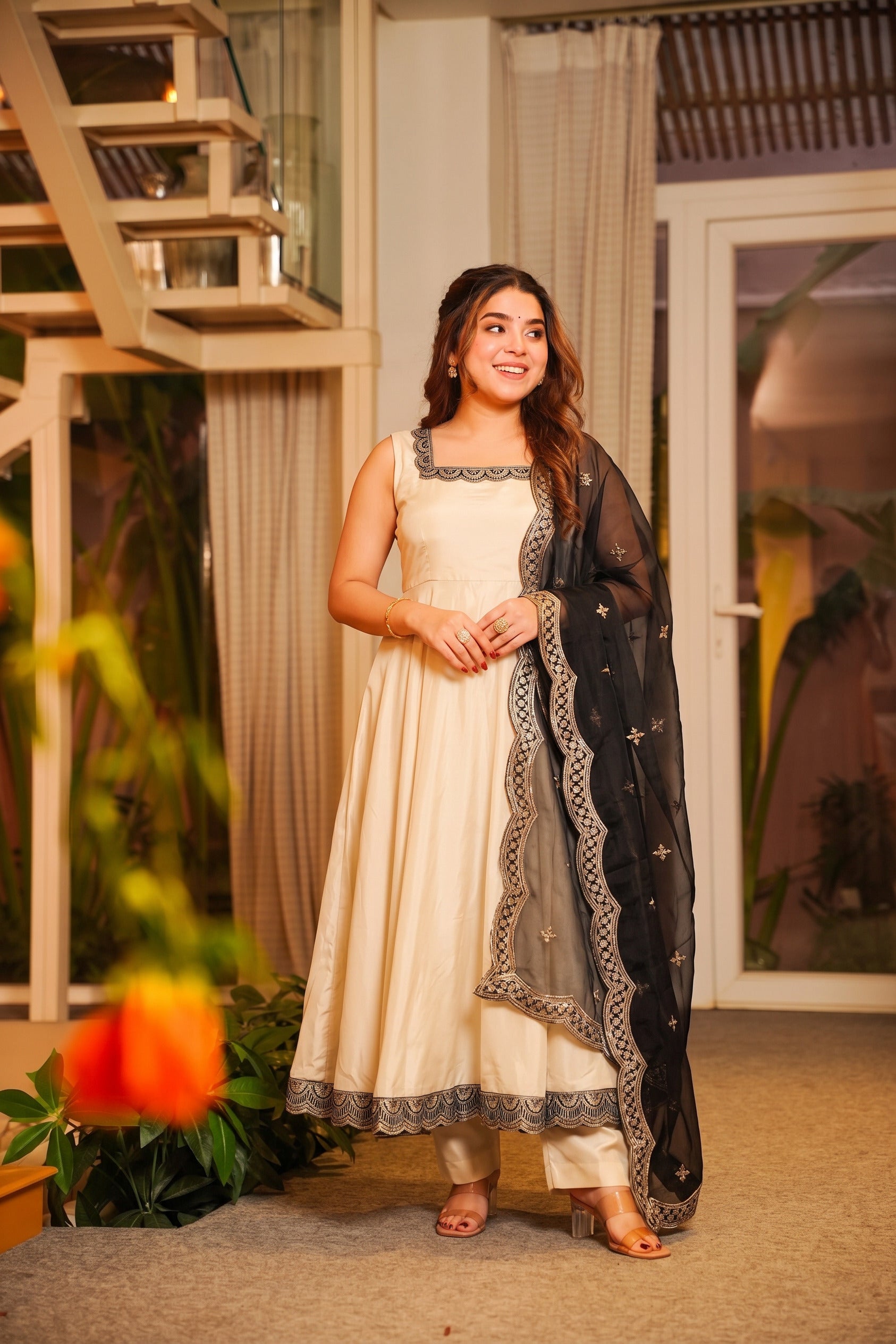 Cream Embroidered Anarkali Suit Set with Dupatta