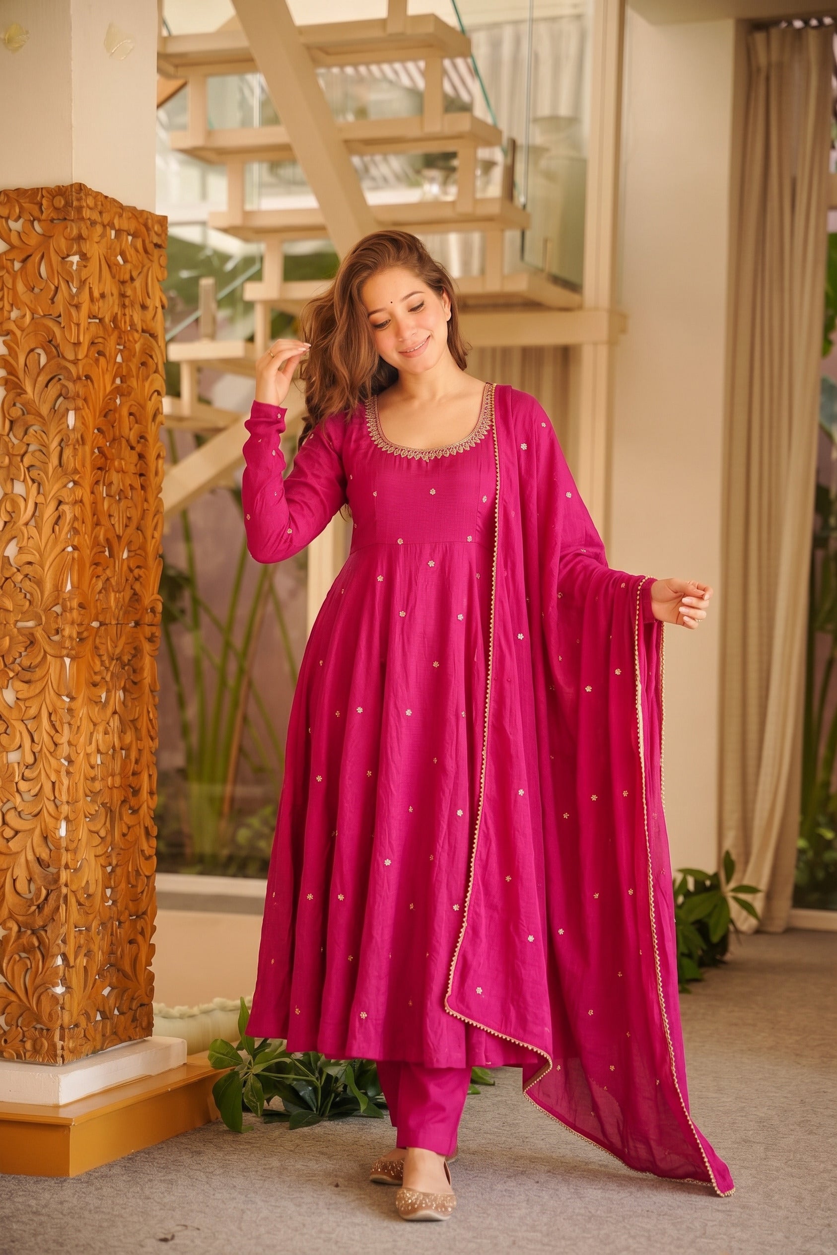 Rani Pink Embroidered Anarkali Suit Set With Dupatta