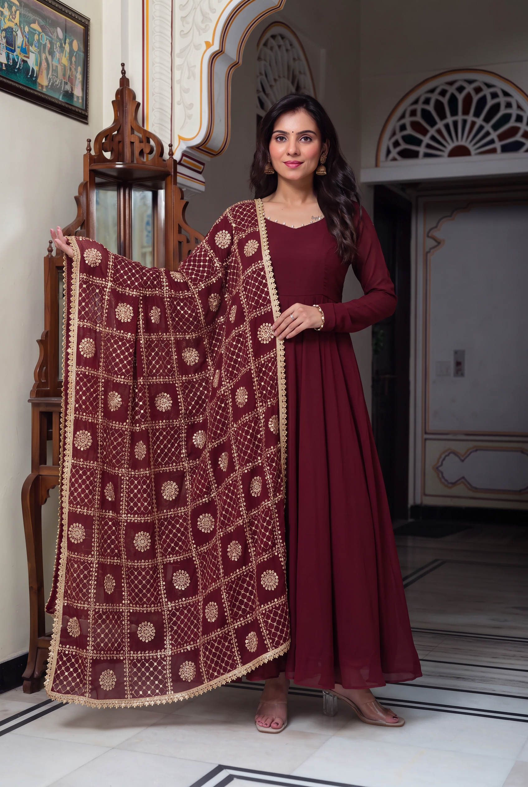 Maroon Color Roman Silk CHanderi Three Piece Anarkali Suit