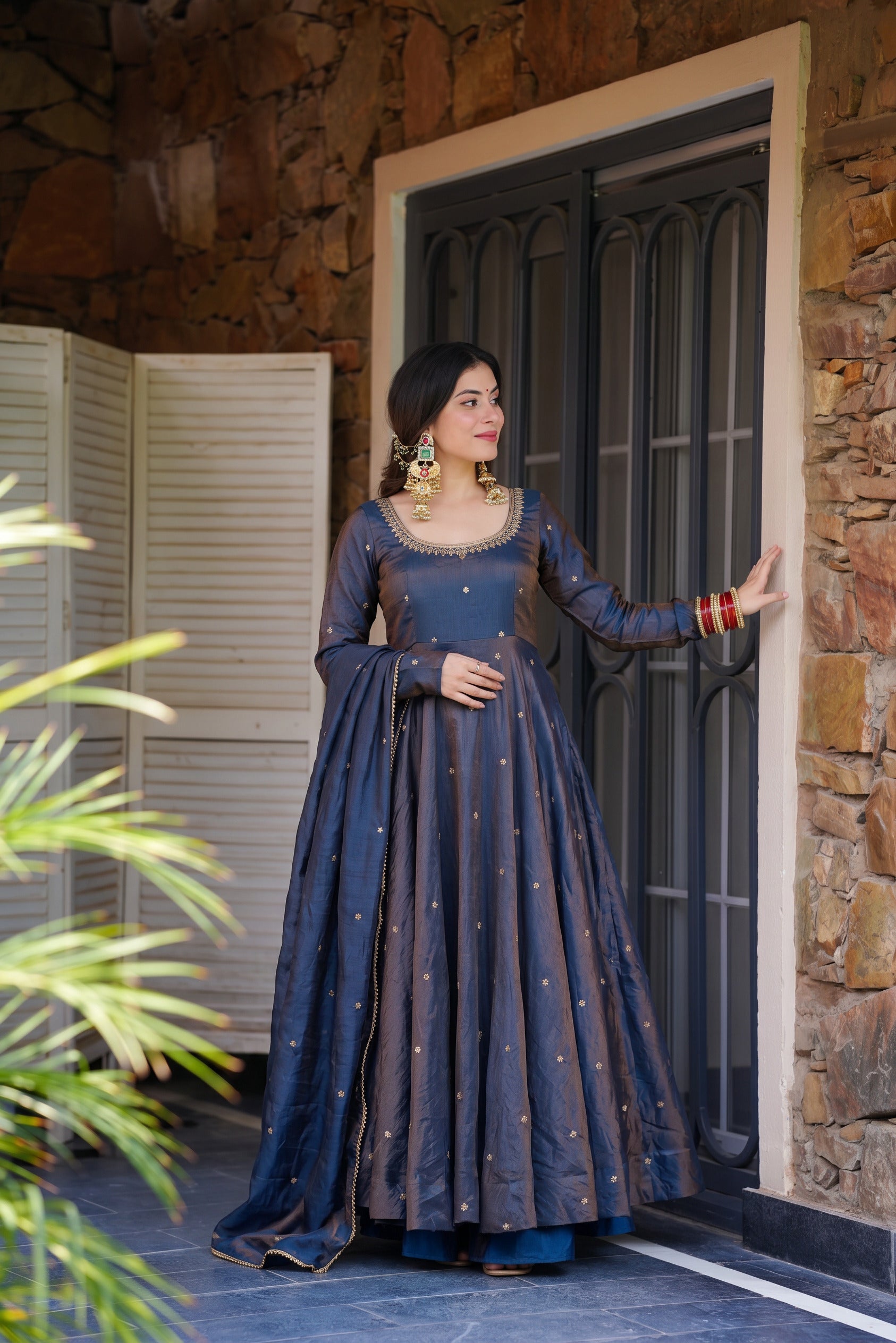Navy Blue Shimmer embroidered Work Anarkali Suit set With Pearl-Trim Work Dupatta