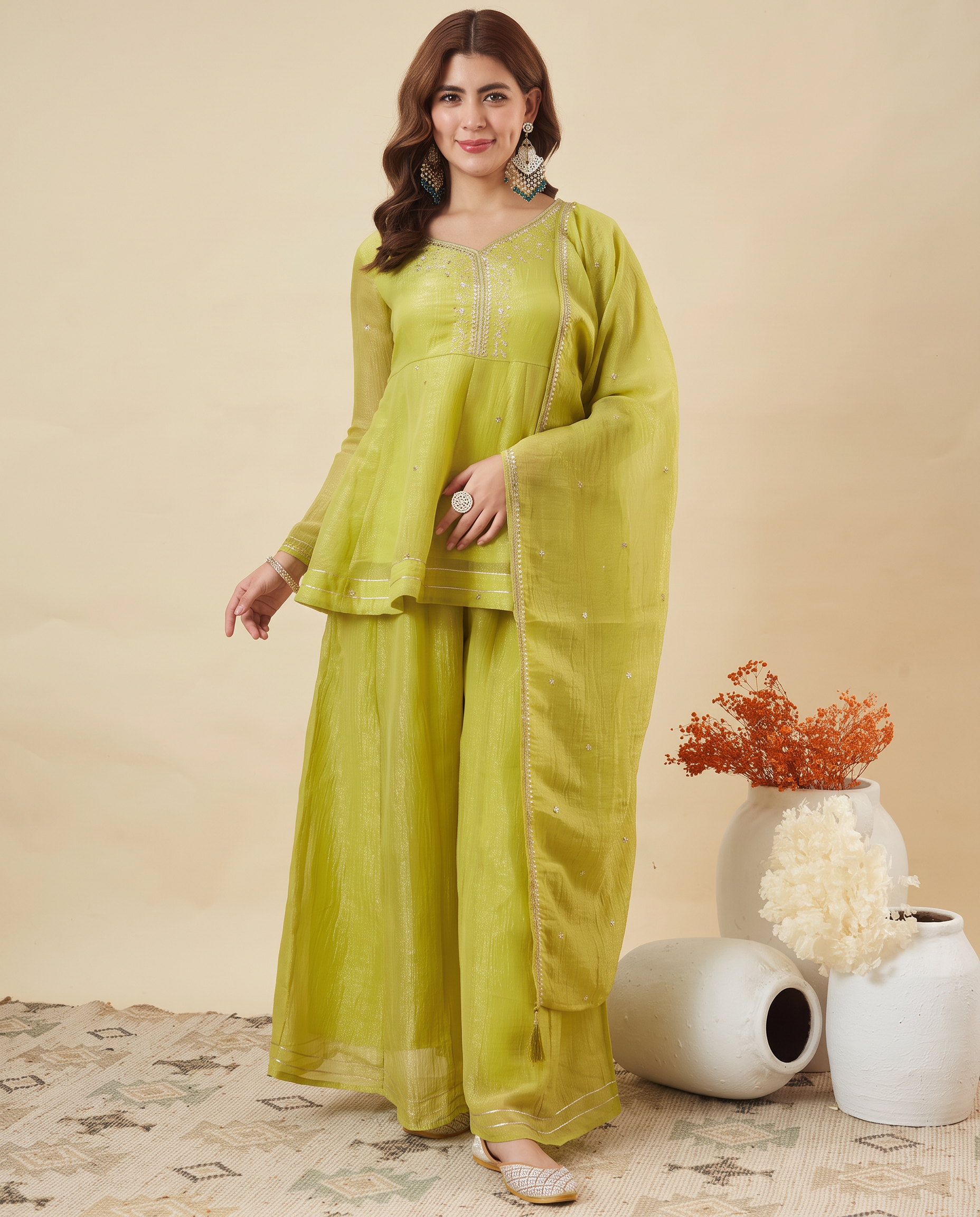 Neon Embroidered Peplum Top with Sharara Set For Women