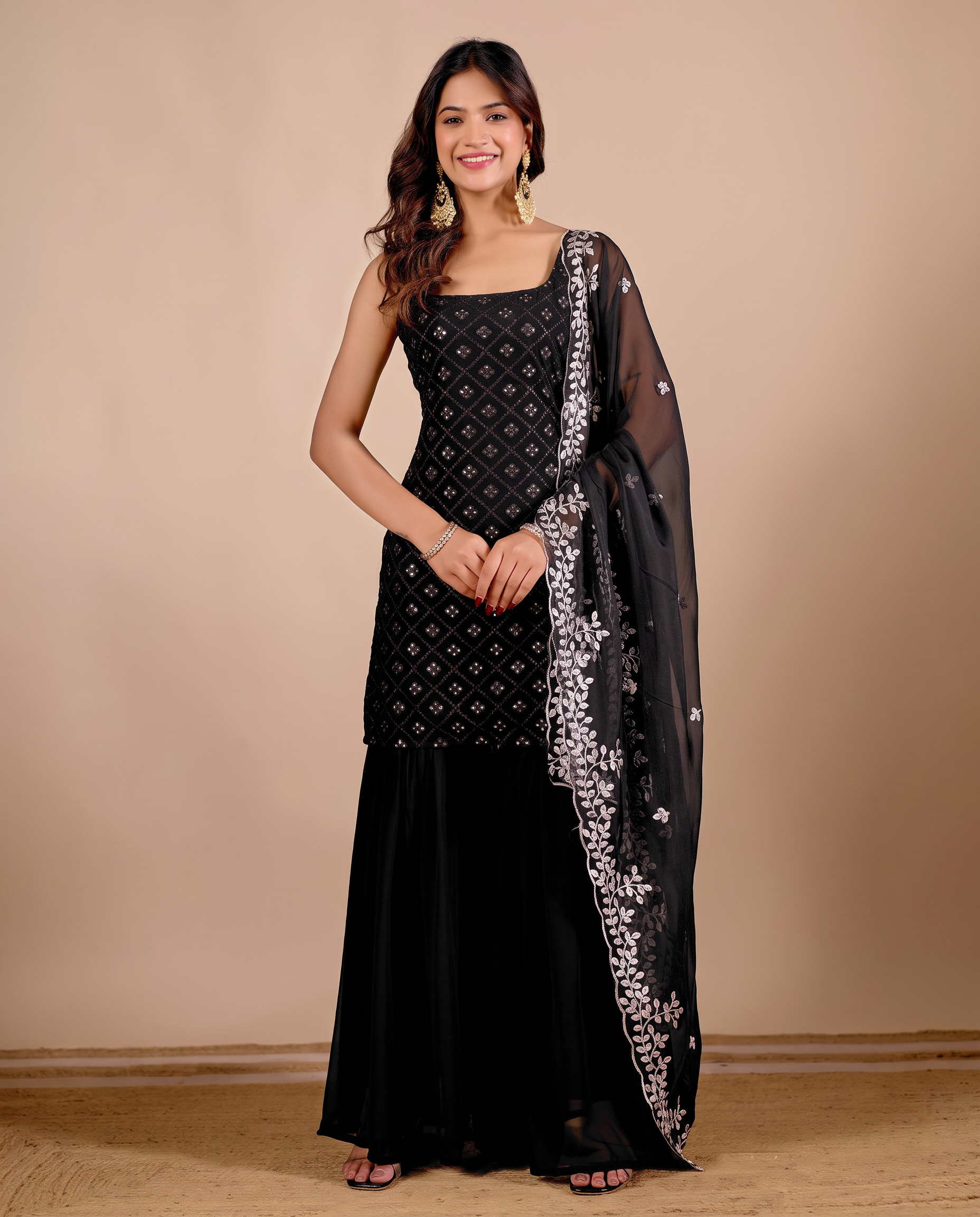 Black Georgette Embroidered Kurta And Sharara Suit Set with Dupatta