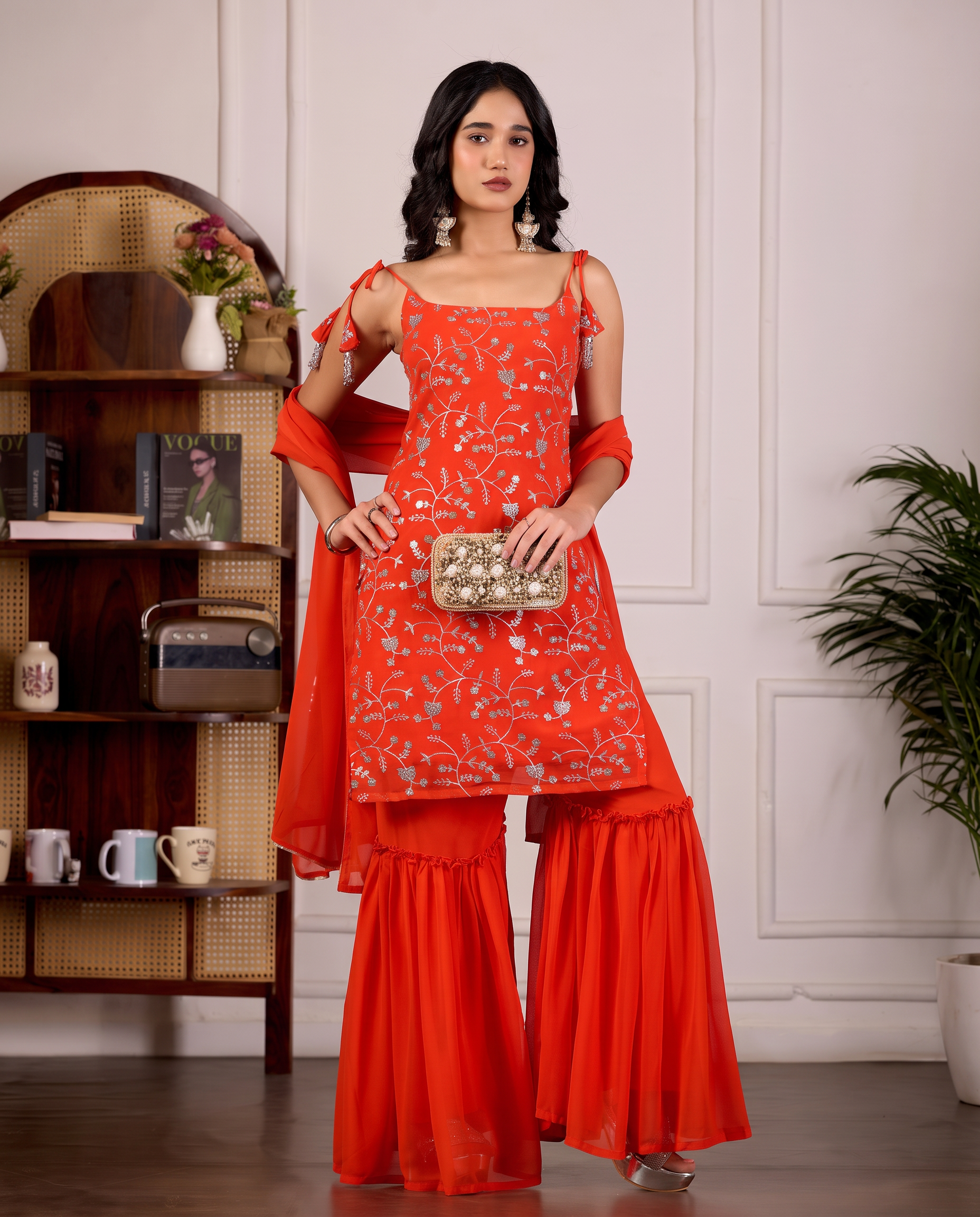 Vibrant Orange Embroidered Sharara Suit with Dupatta for Women