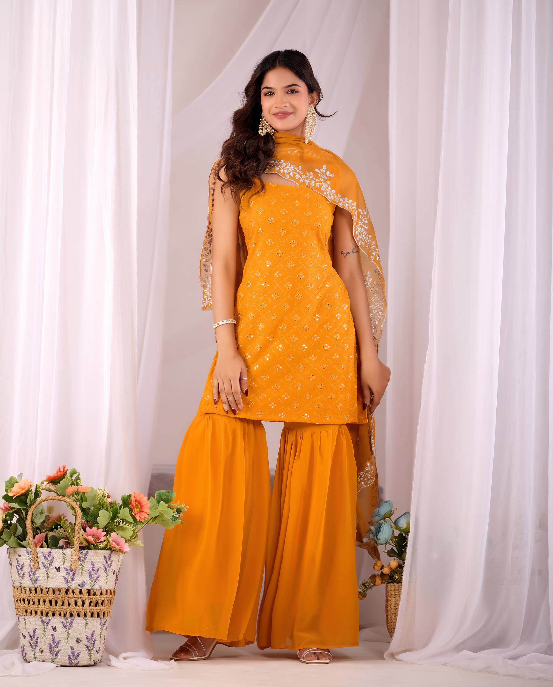 Mustard Georgette Embroidered Kurta And Sharara Suit Set with Dupatta
