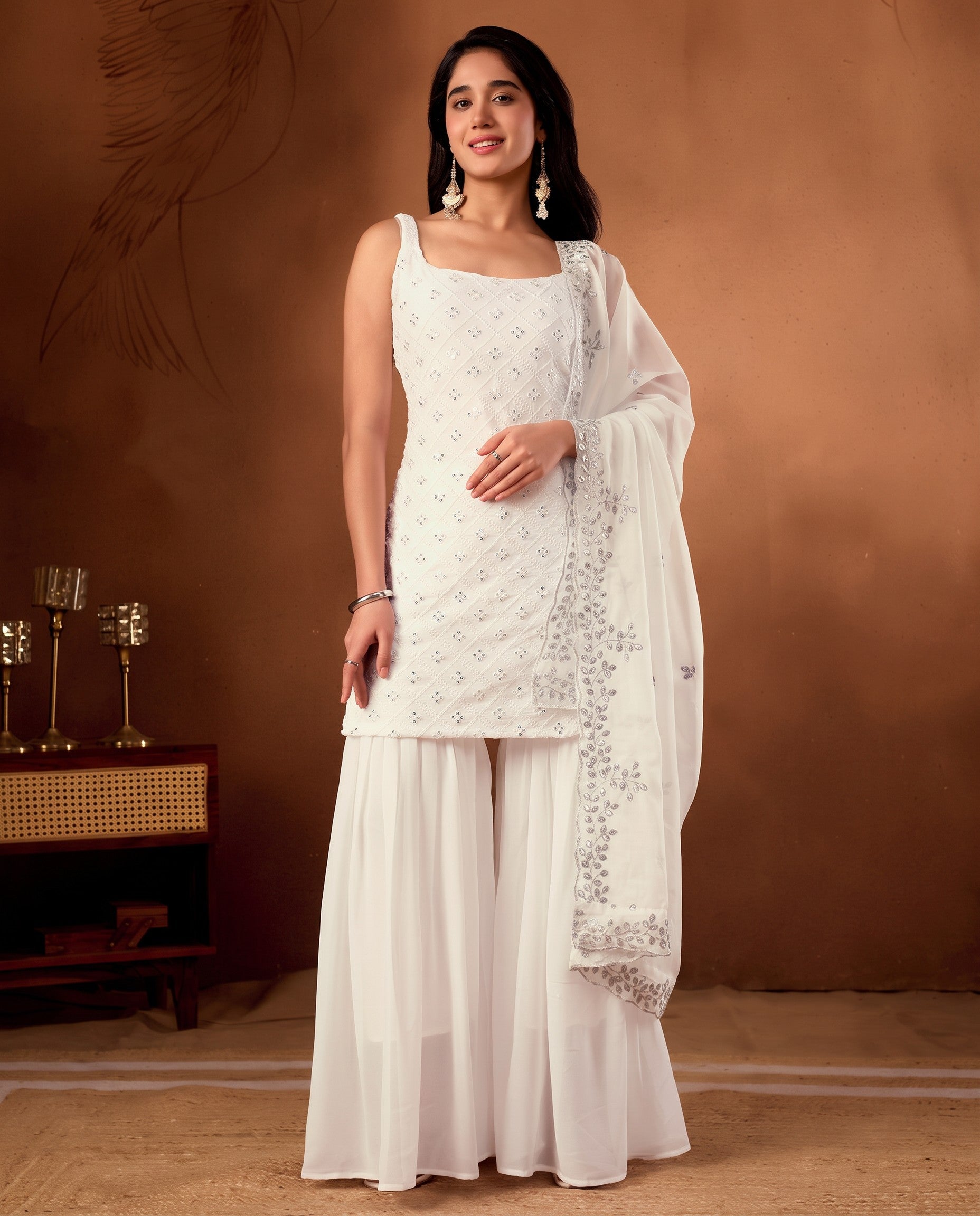 Graceful White Embroidered Kurta And Sharara Set With Dupatta
