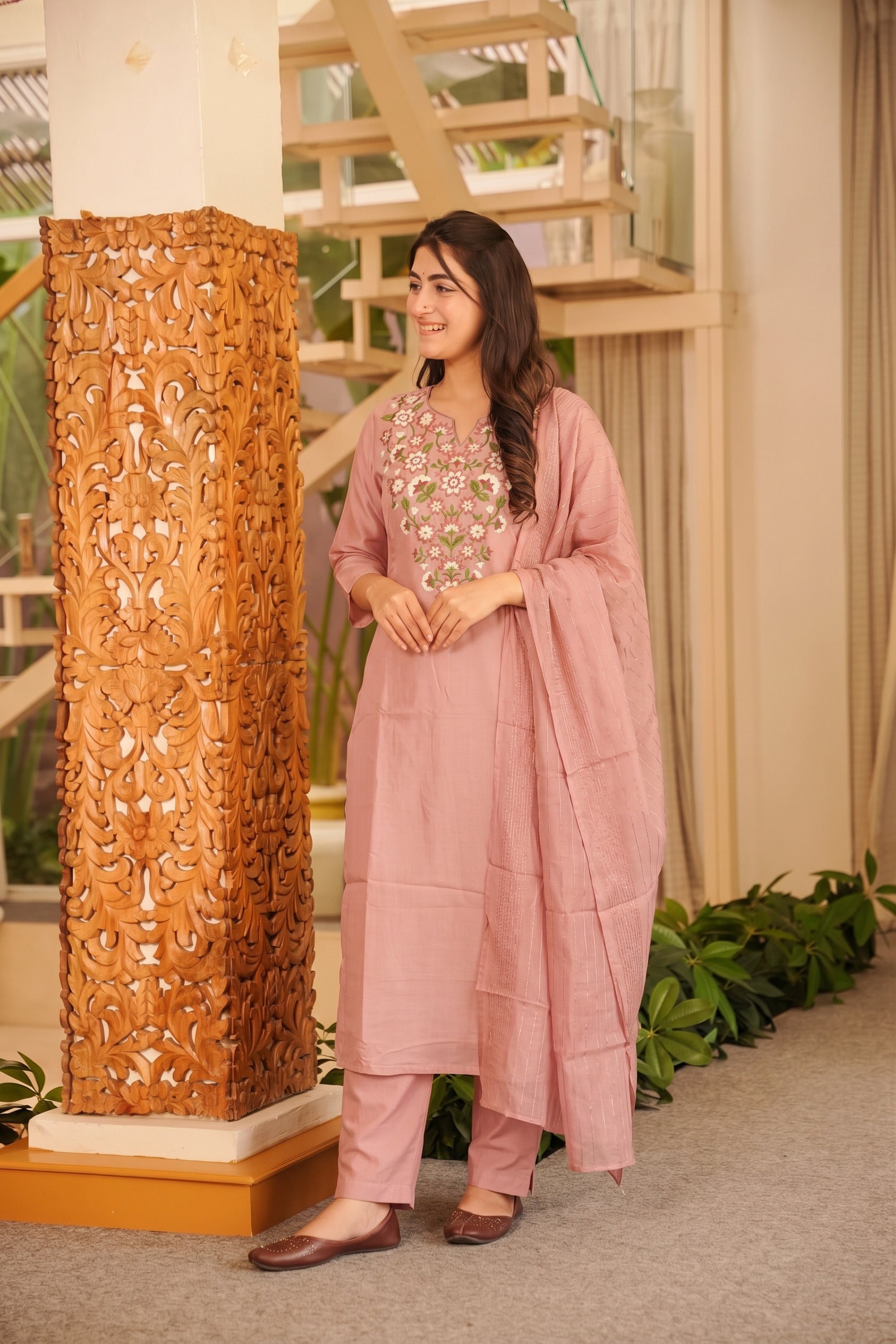 Dusty Rose Floral Embroidered Straight Kurta Set with Dupatta