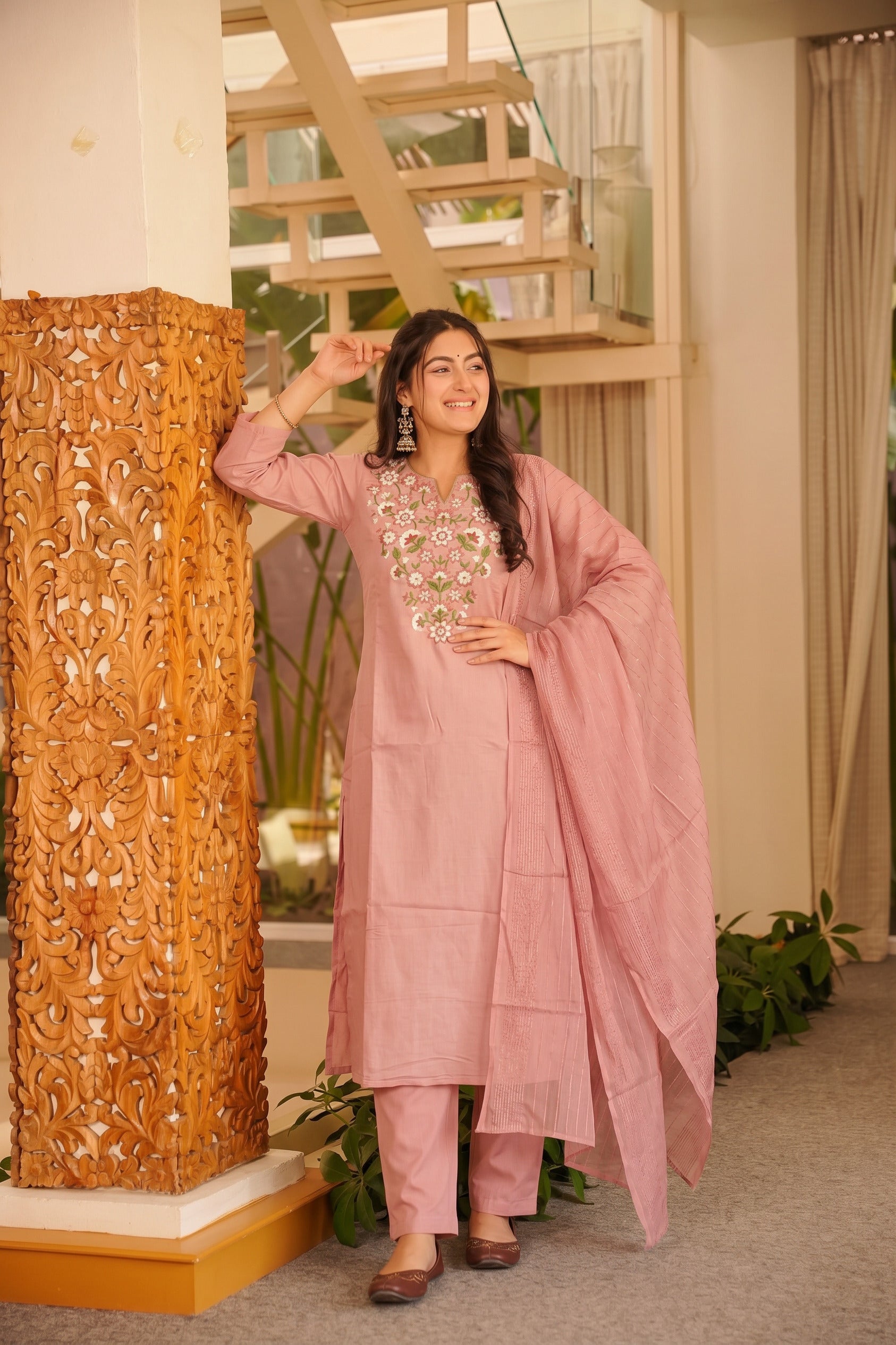 Dusty Rose Floral Embroidered Straight Kurta Set with Dupatta