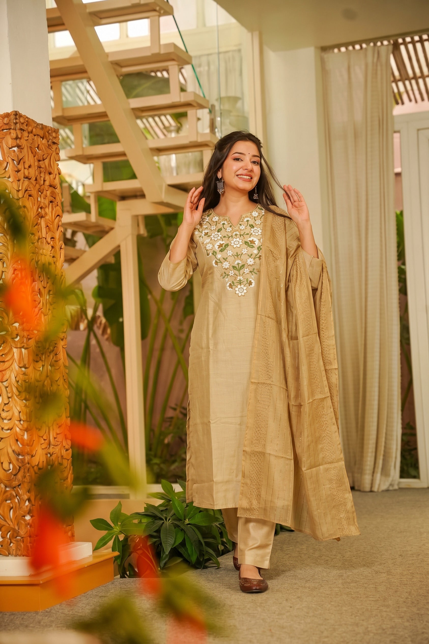 Beige Floral Embroidered Straight Kurta Set with Dupatta
