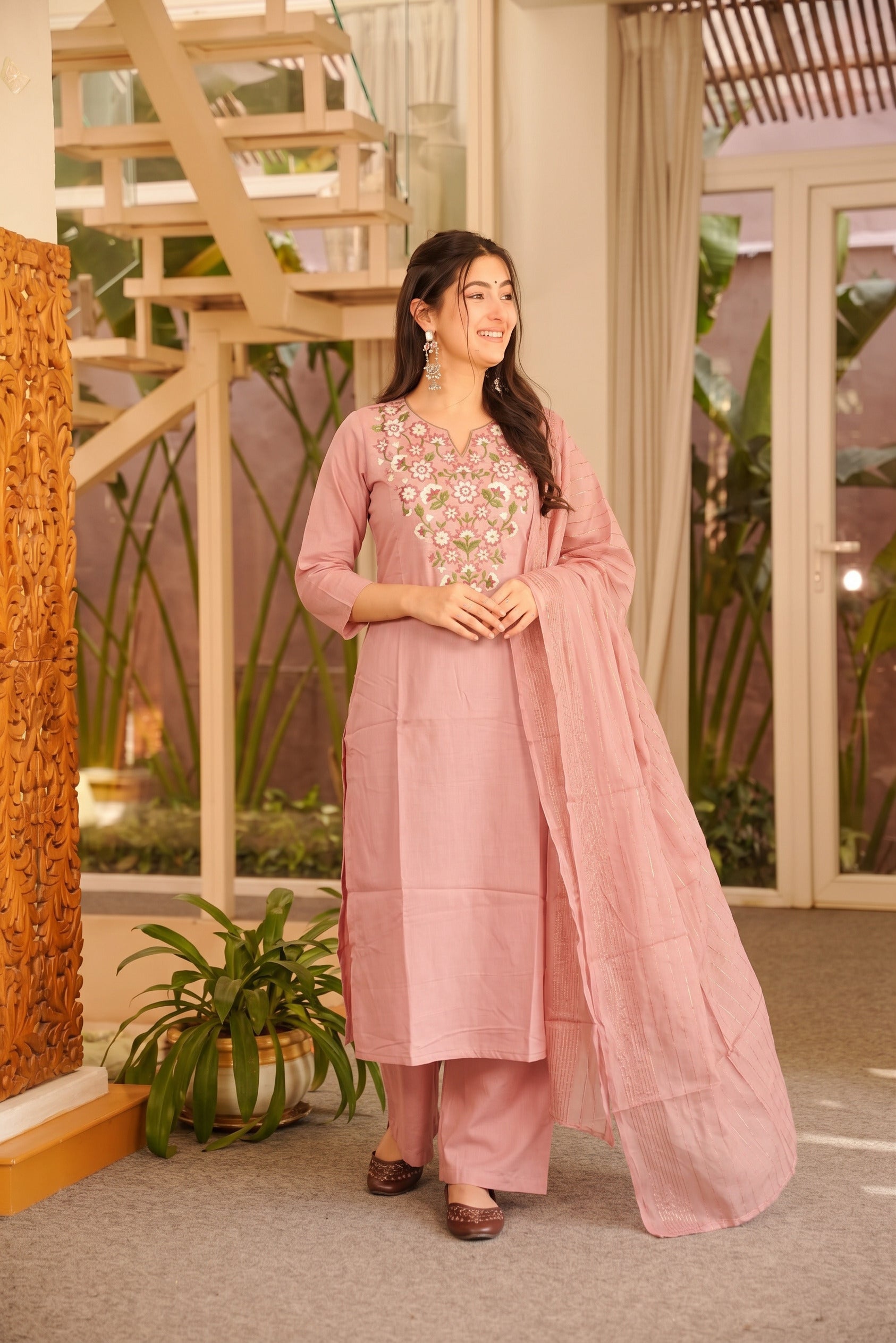 Dusty Rose Floral Embroidered Straight Kurta Set with Dupatta