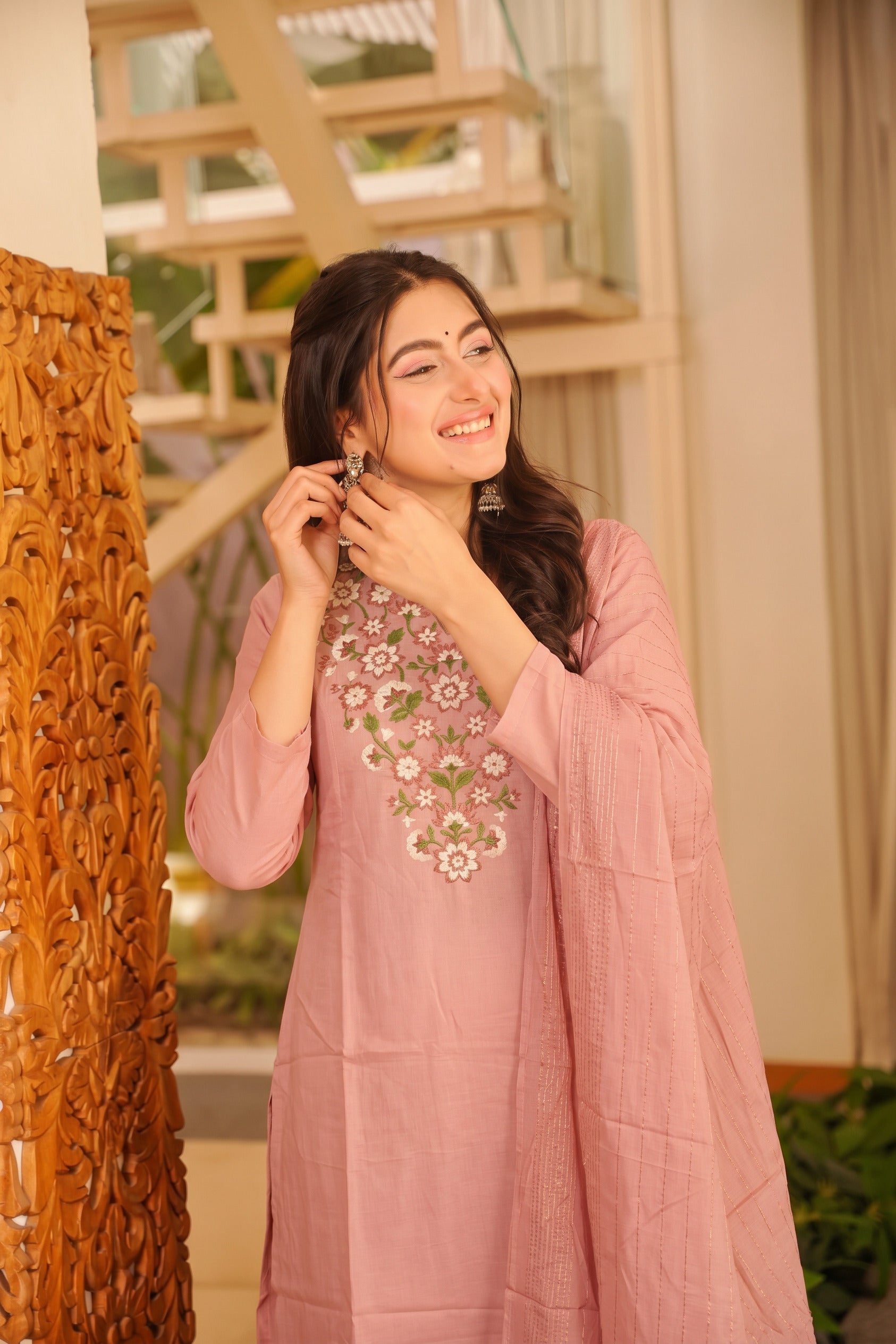 Dusty Rose Floral Embroidered Straight Kurta Set with Dupatta