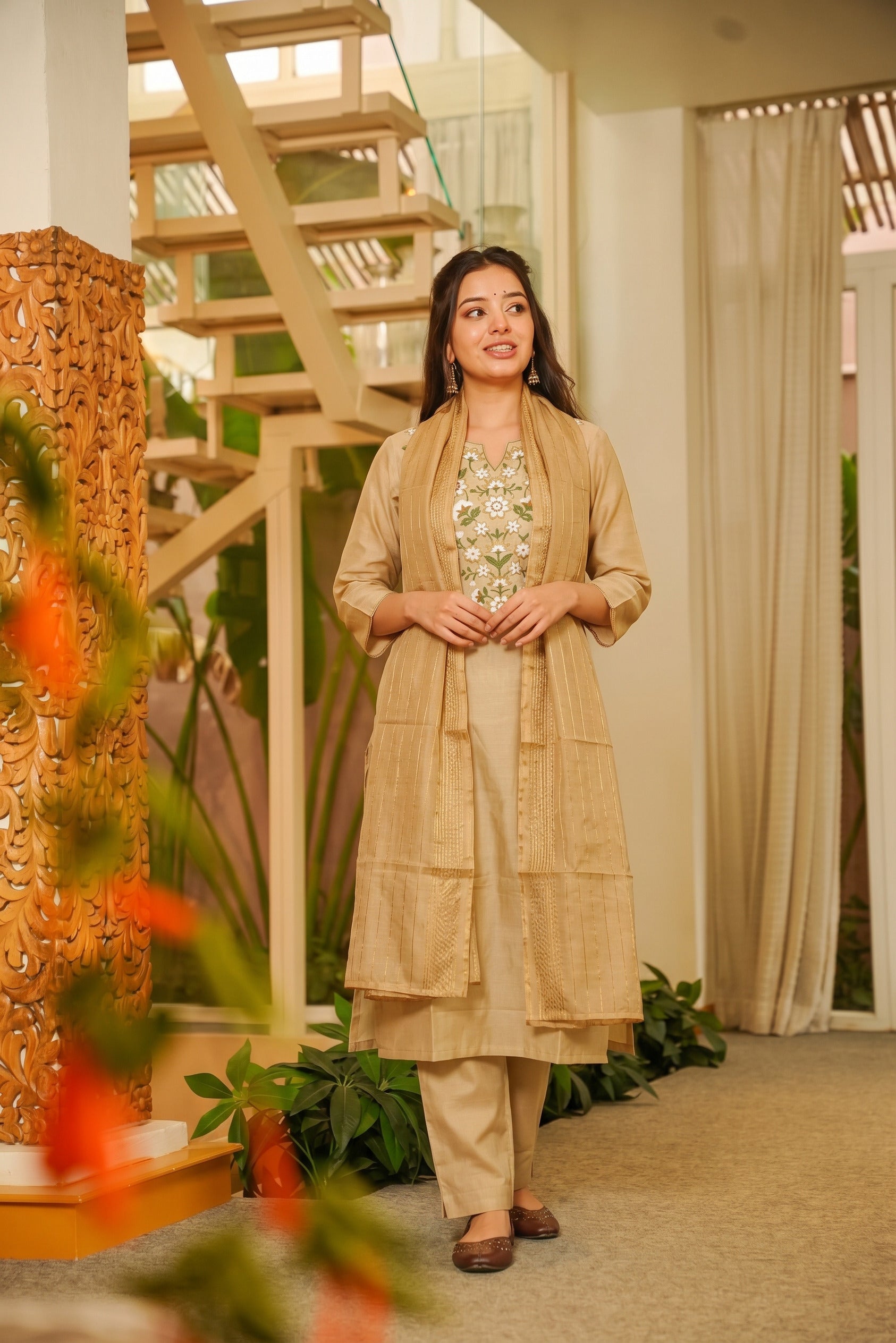 Beige Floral Embroidered Straight Kurta Set with Dupatta