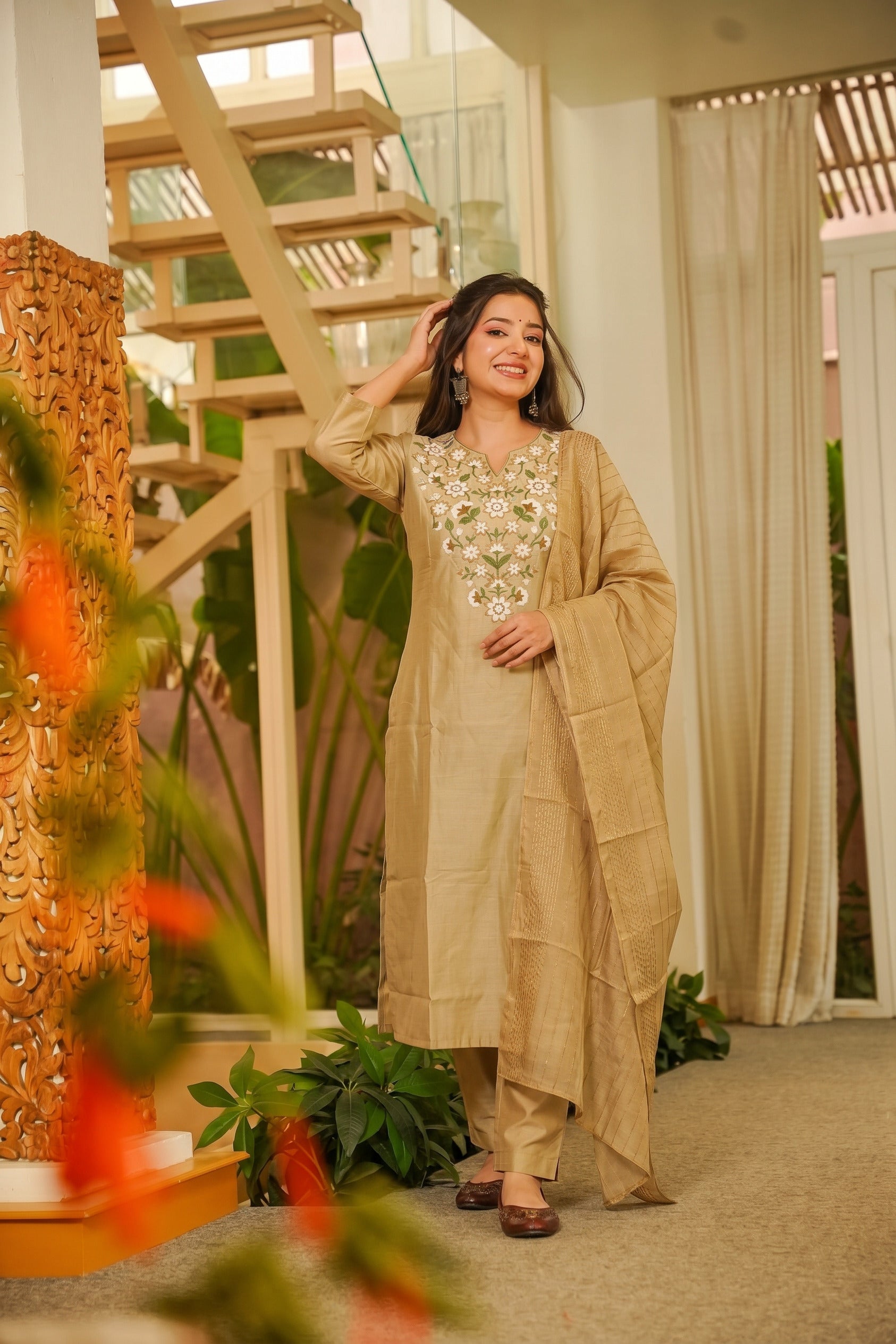 Beige Floral Embroidered Straight Kurta Set with Dupatta