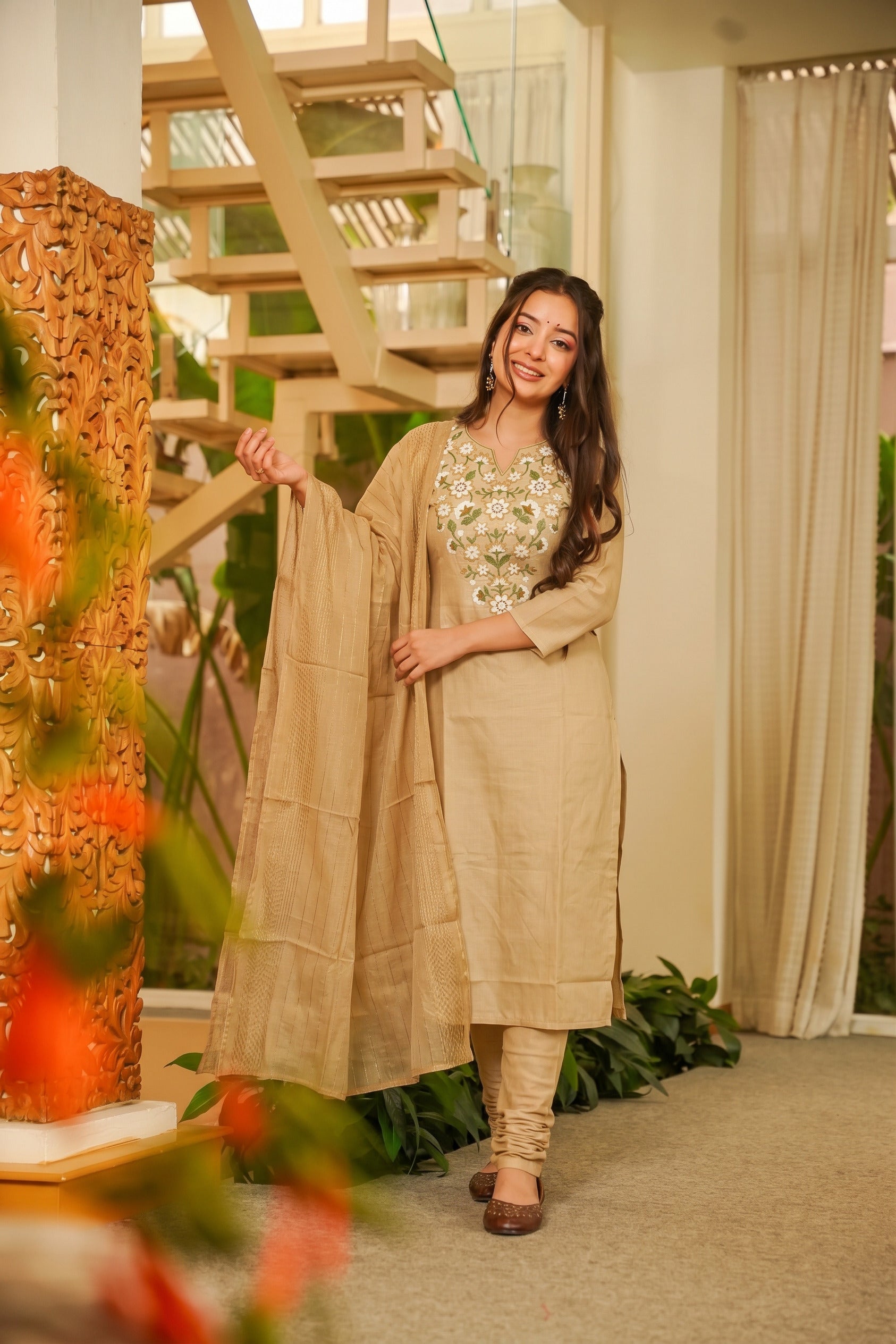 Beige Floral Embroidered Straight Kurta Set with Dupatta