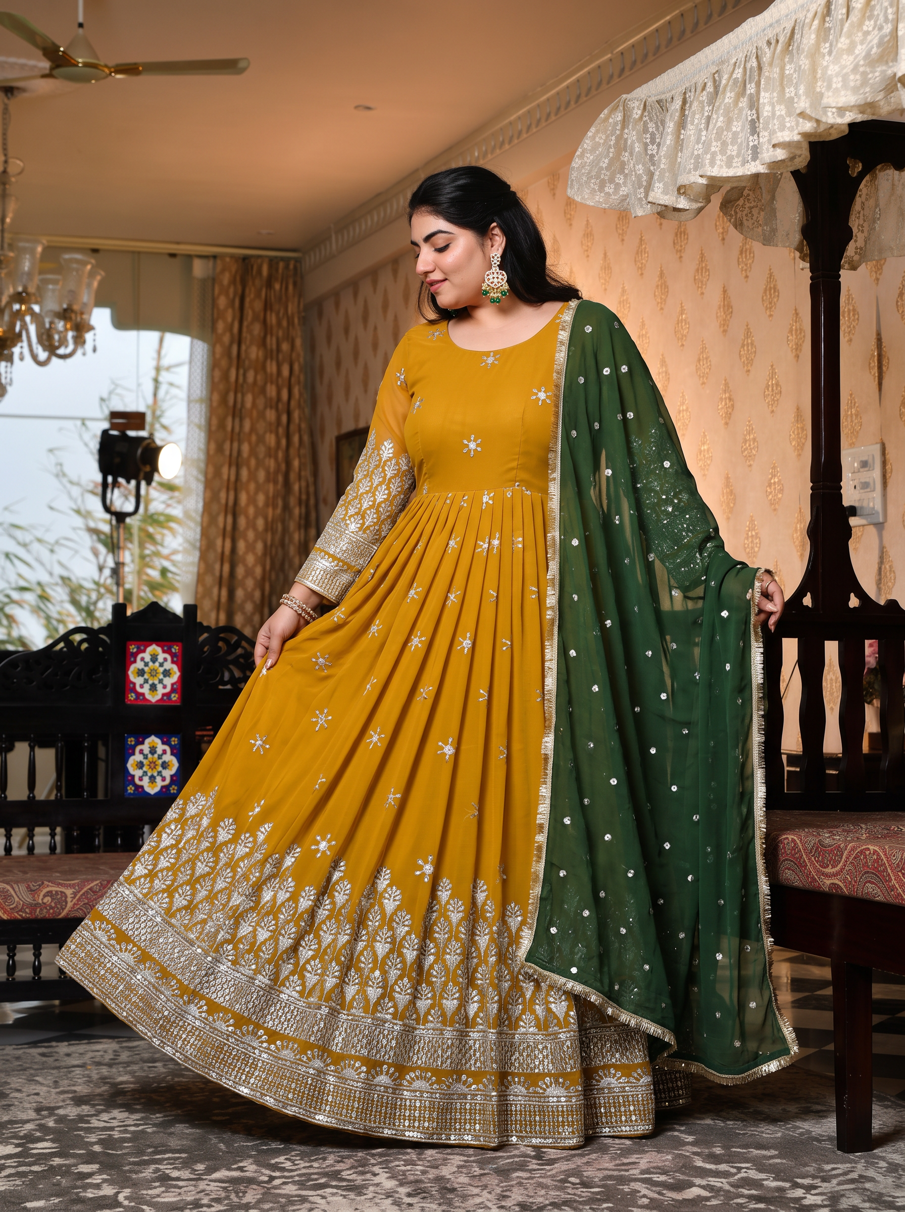 Plus Size  Mustard Color Anarkali Gown With Green Dupatta