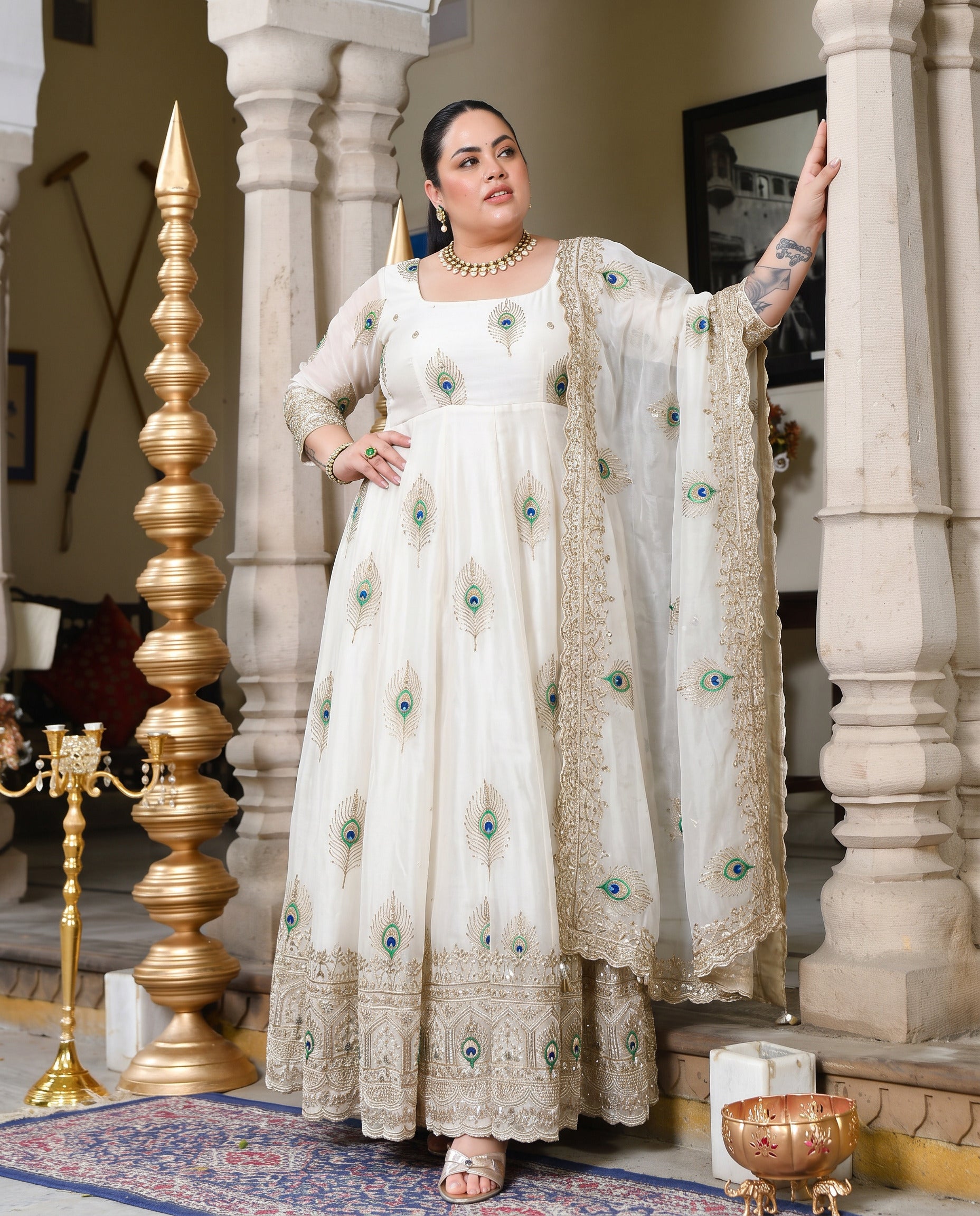 Plus Size Off White Fendy Silk Sequin Embroidered Anarkali suit Set With Dupatta