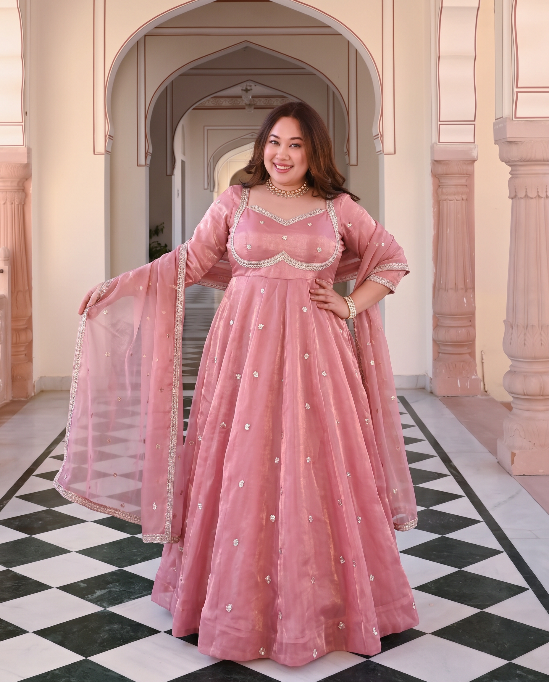 Plus Size Glamorous Pink Ethnic Embroidered Anarkali Suit for Festive Wear