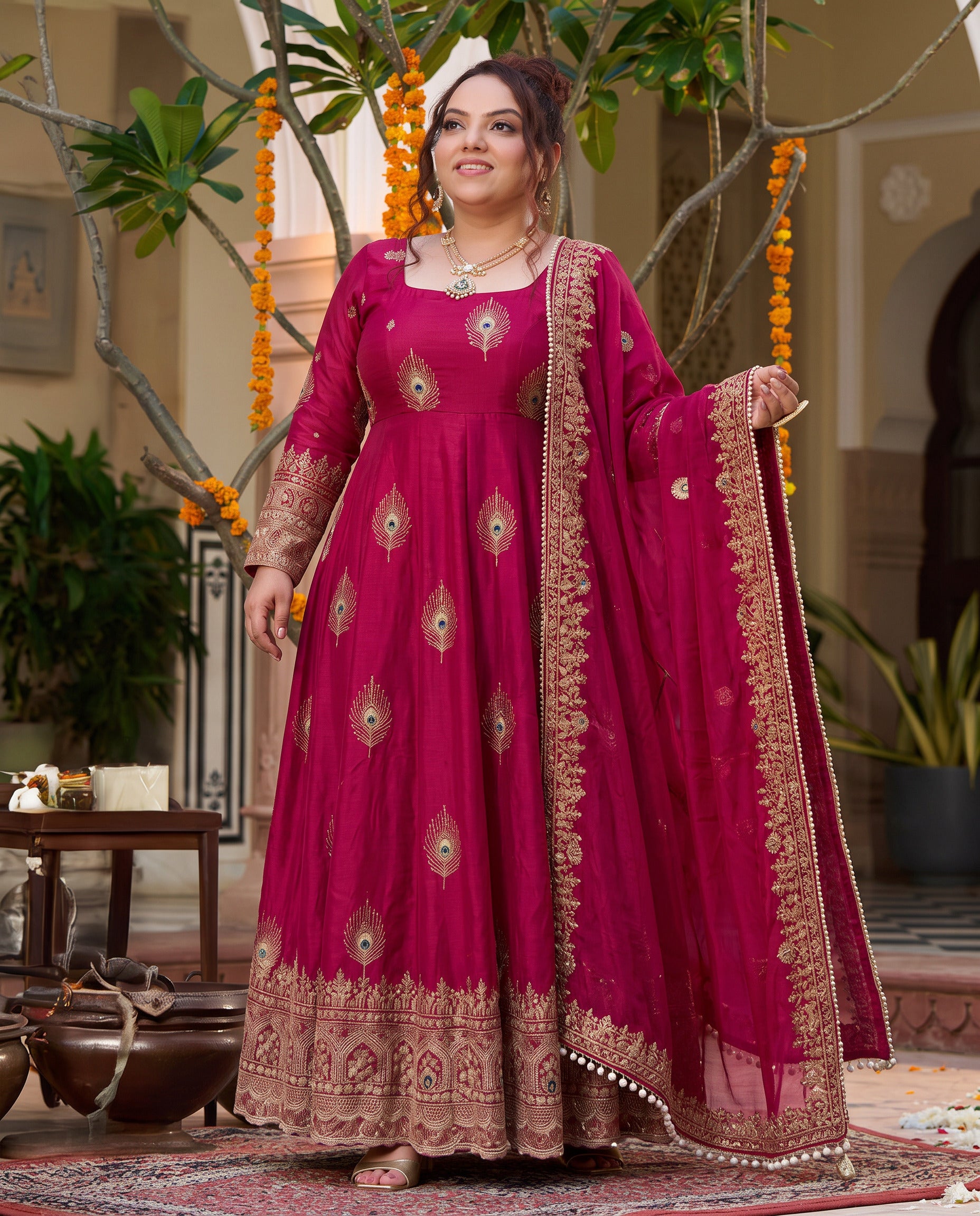 Plus Size Rani Pink Fendy Silk Peacock Motif Sequin Embroidered Gown Set