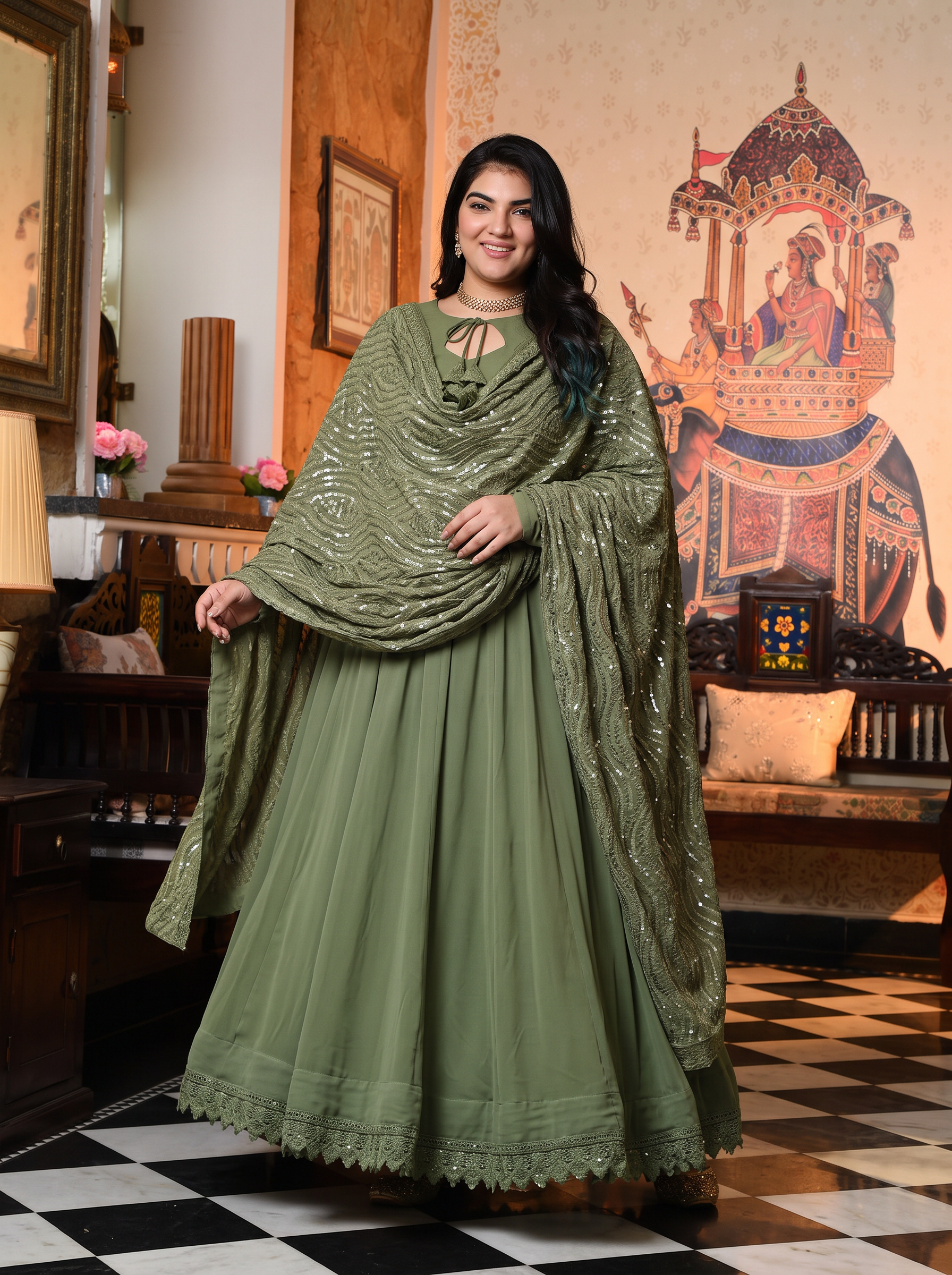 Plus Size Ceremony Wear Mehndi Color Gown With Work Dupatta