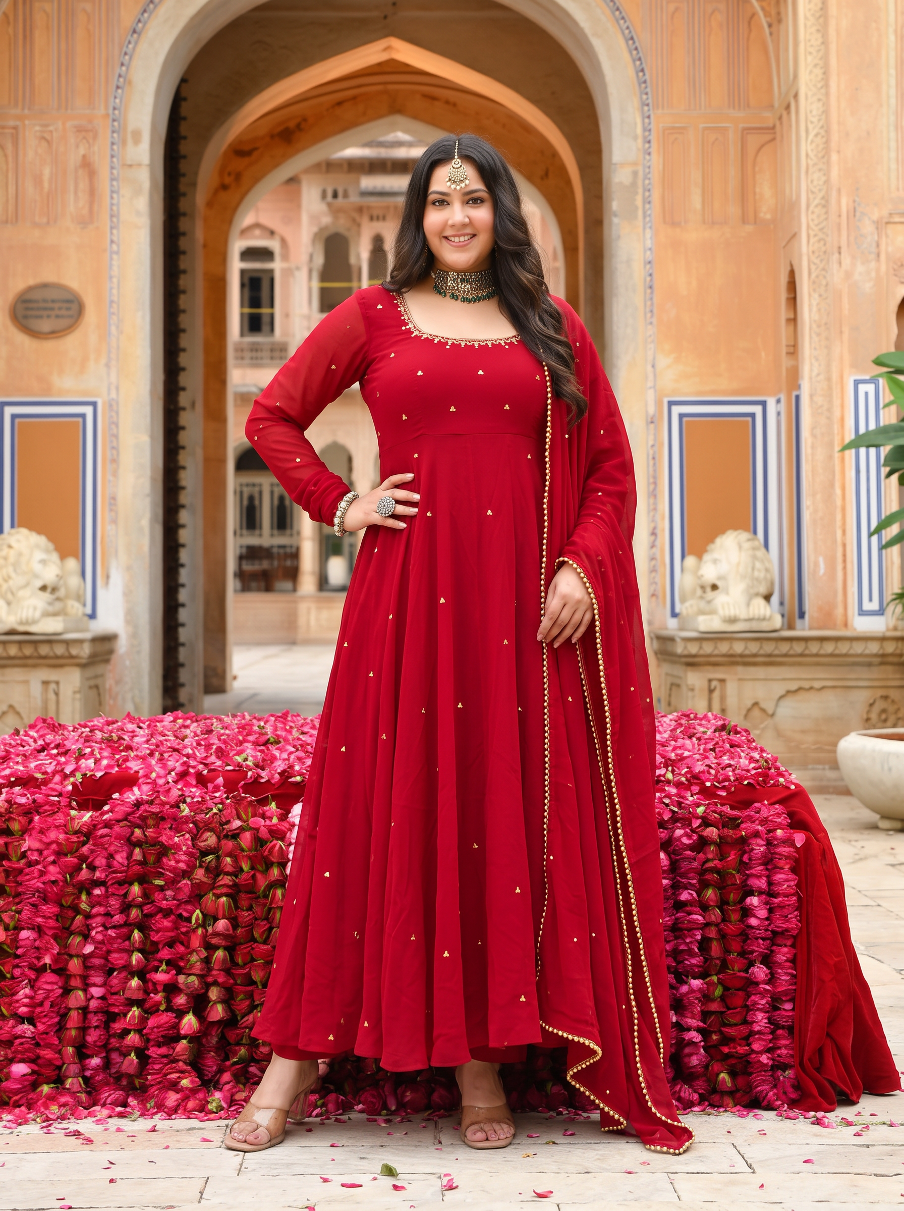Plus Size Radiate Elegance in This Red Hand Work Anarkali Suit