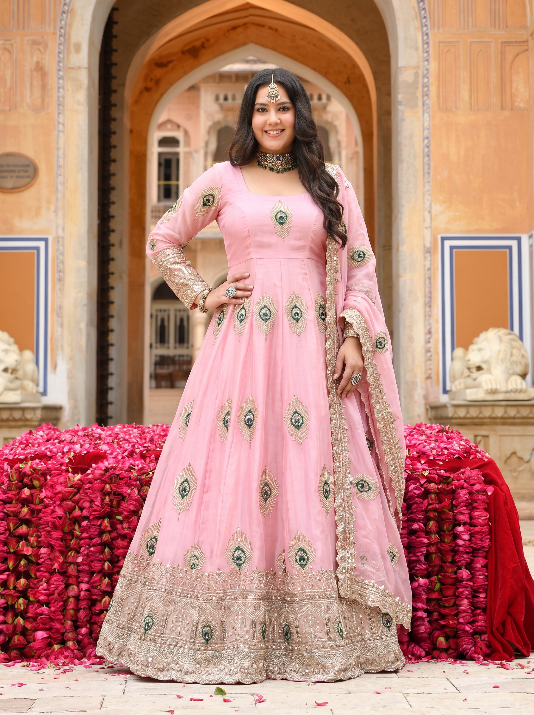 Plus Size Baby Pink Fendy Silk Peacock Motif Embroidered Anarkali Gown With Dupatta