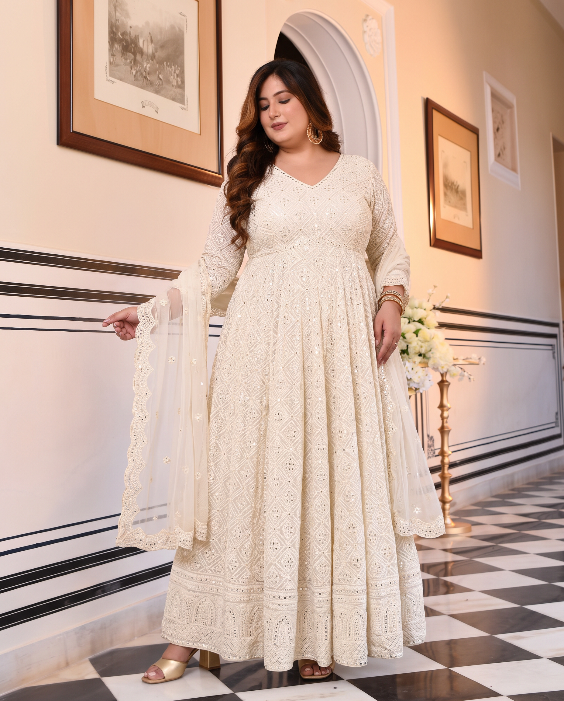 Plus Size White Embroidered Georgette Fully Stitched Anarkali Suit Set