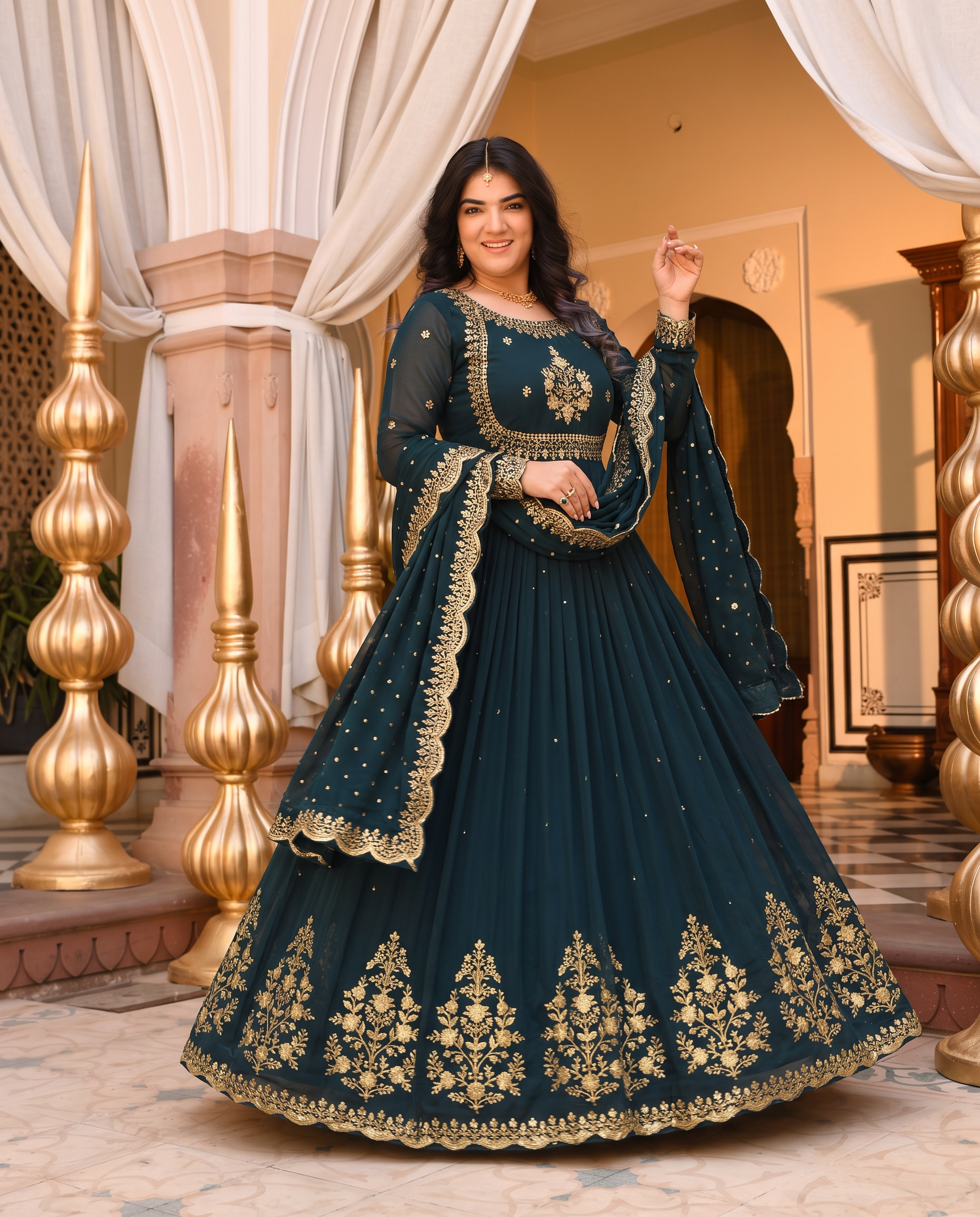 Plus Size Heavy Designer Gown in Bottle Green Georgette With Sequence Embroidery Work