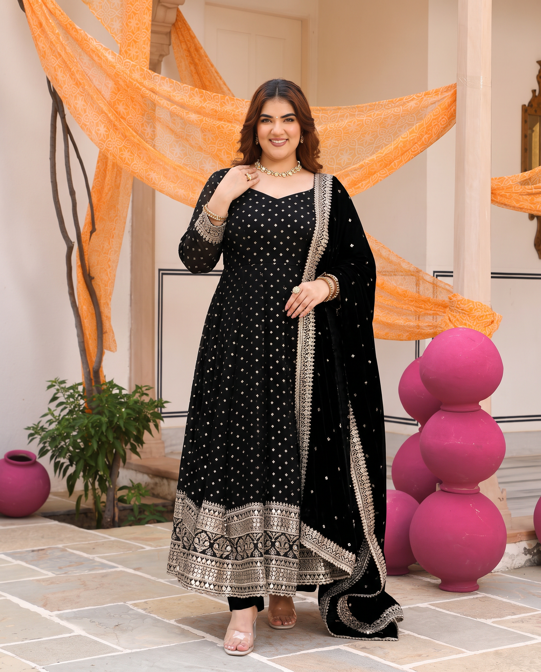 Plus Size Outstanding Black Color Sequence Work Anarkali Gown