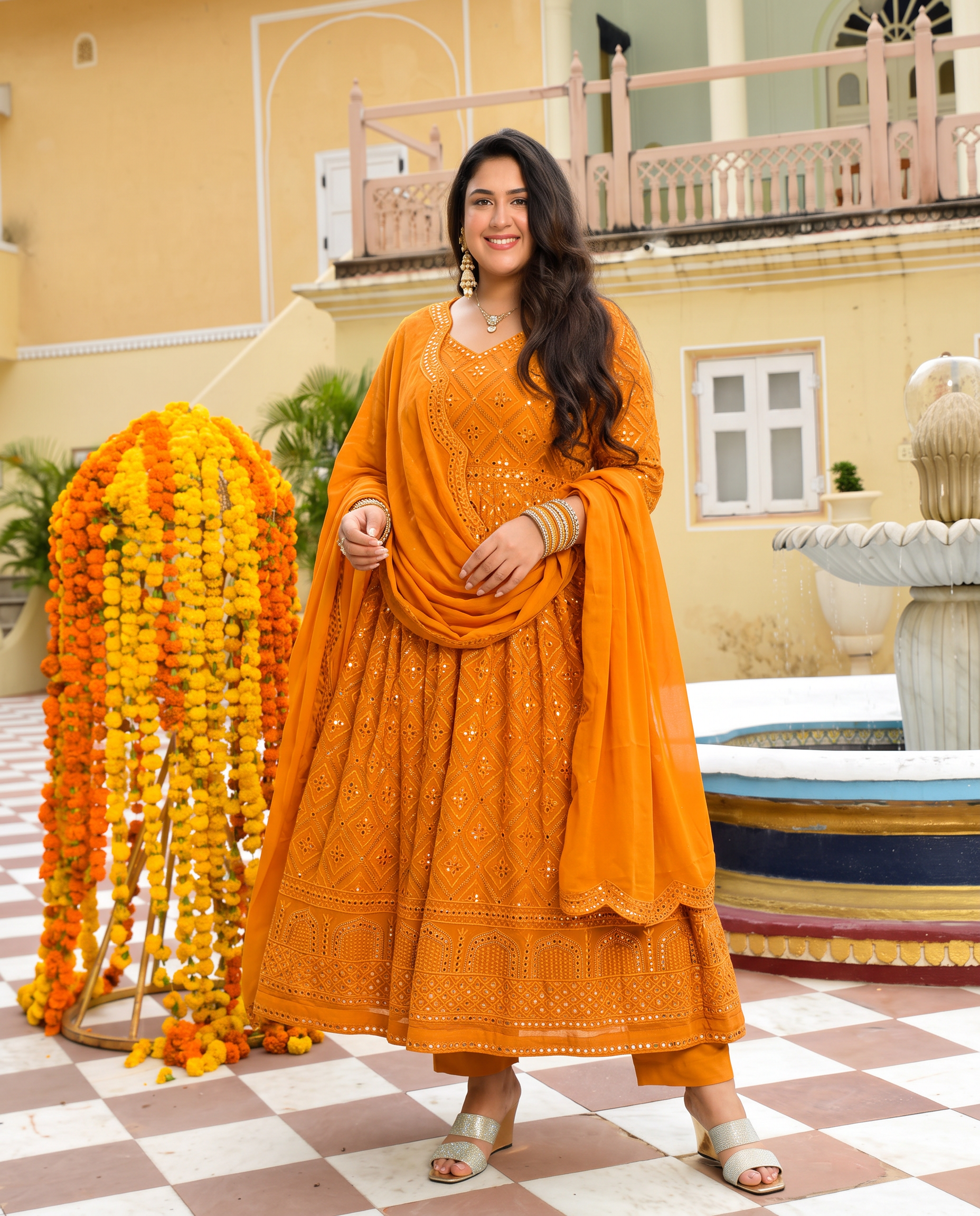 Plus Size Vedikabhandari's Mustard Embroidered Georgette Anarkali Suit Set