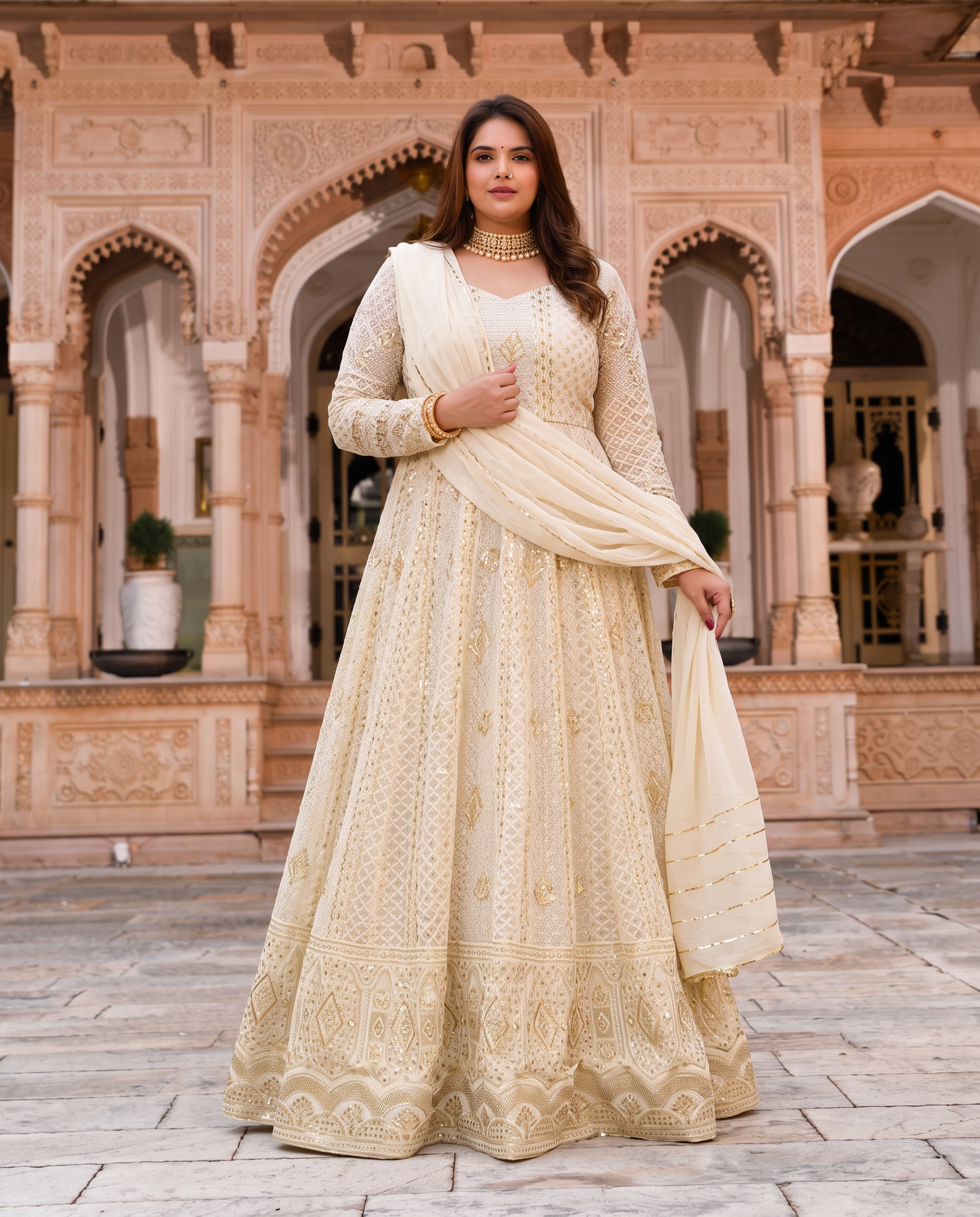 Plus Size Aniska White Lakhnavi Embroidered Work Anarkali Suit Set